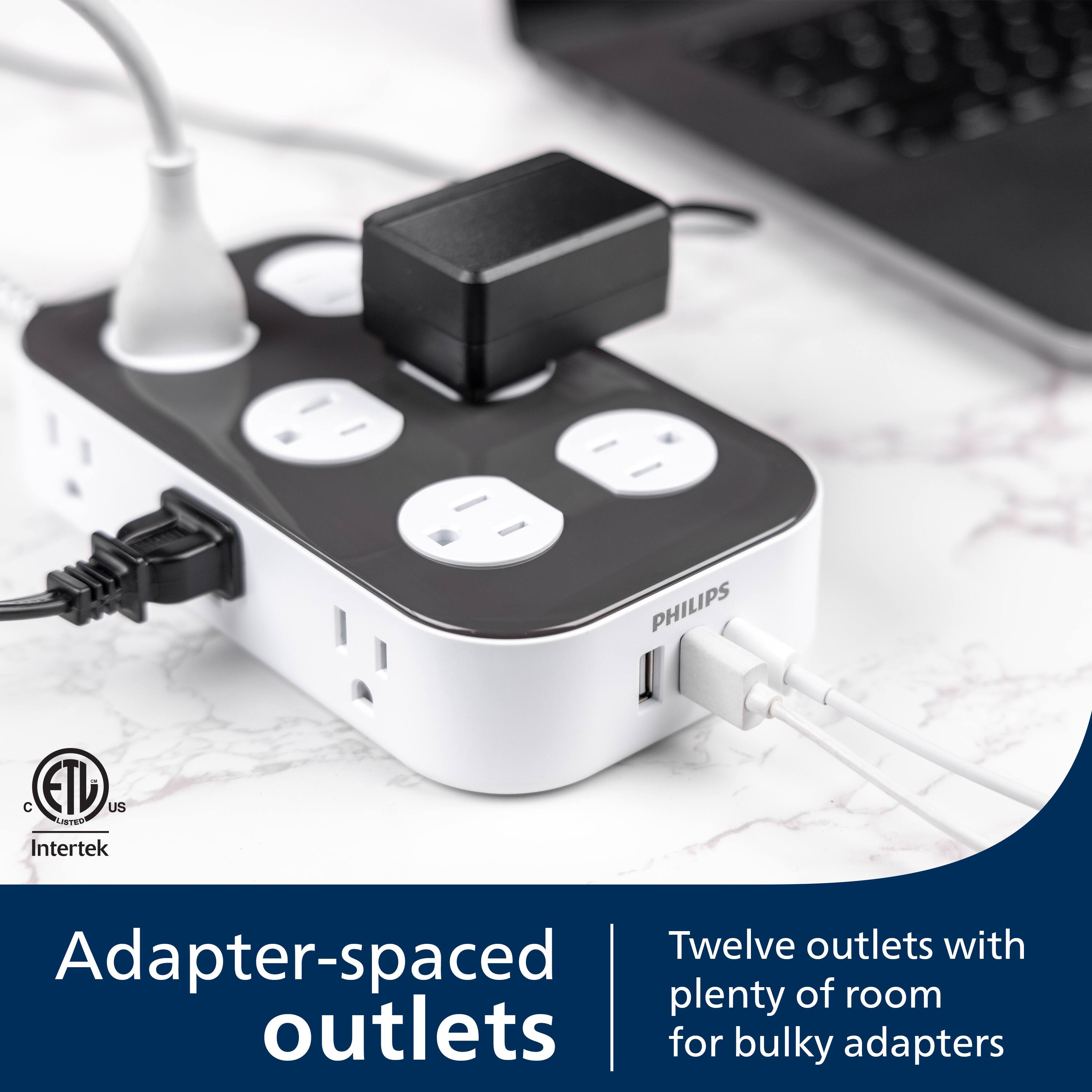 Twelve outlets with plenty of room for bulky adapters.