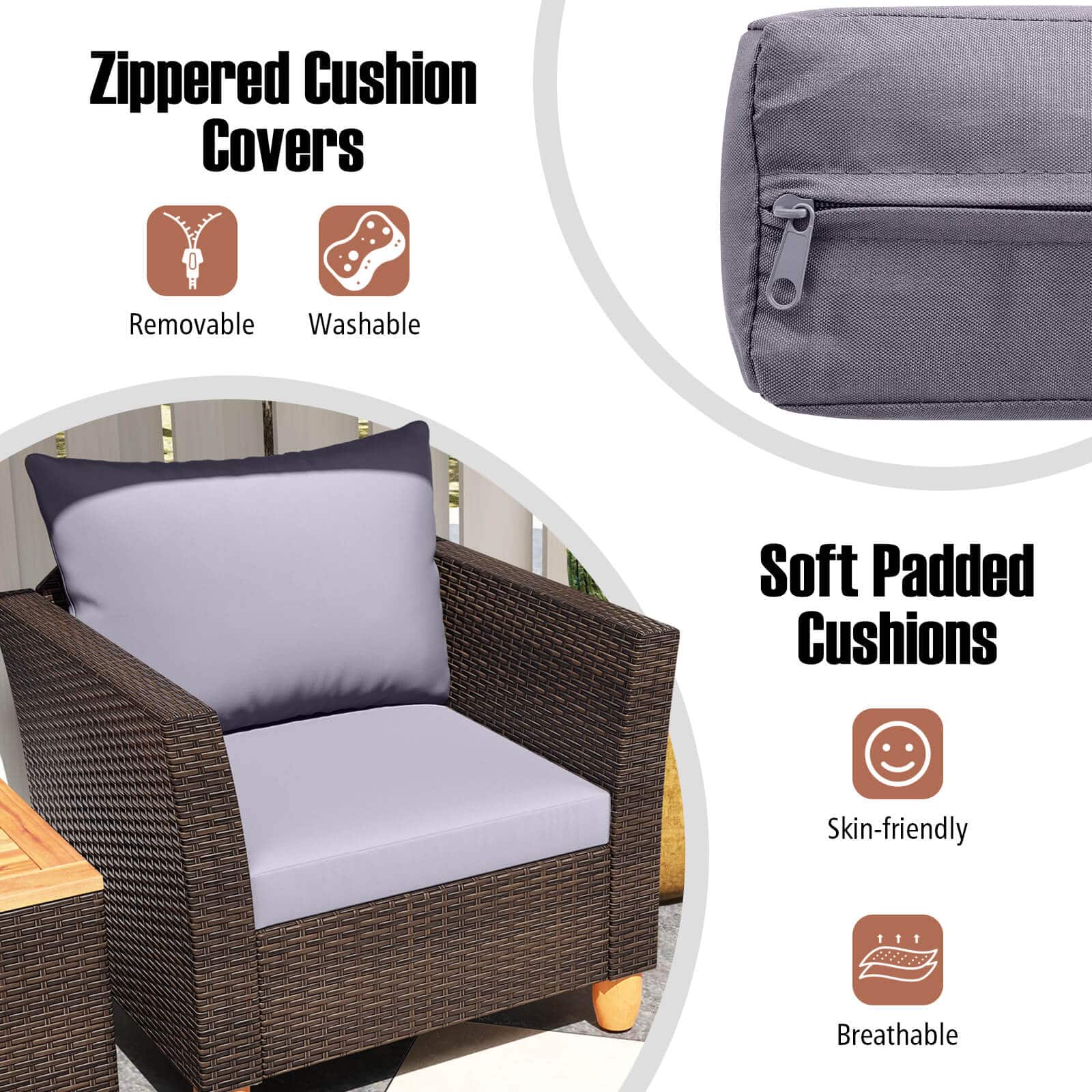 Zippered Cushion Covers Removable Washable Soft Padded Cushions Skin-friendly Breathable