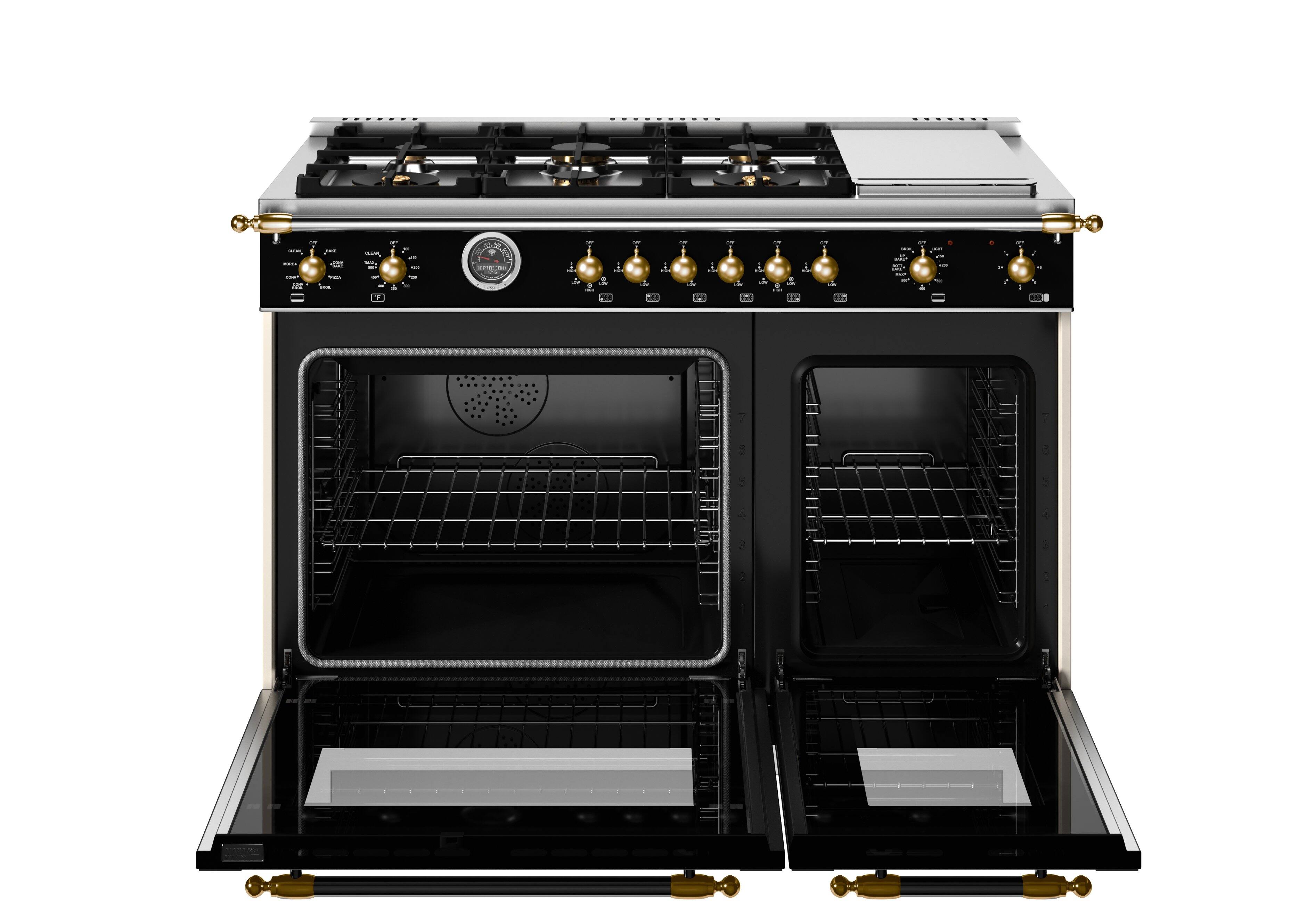 Left. Bertazzoni - 48" Heritage Series 6-Burner Freestanding Dual Fuel Range - Nero Matt/Gold - Black.