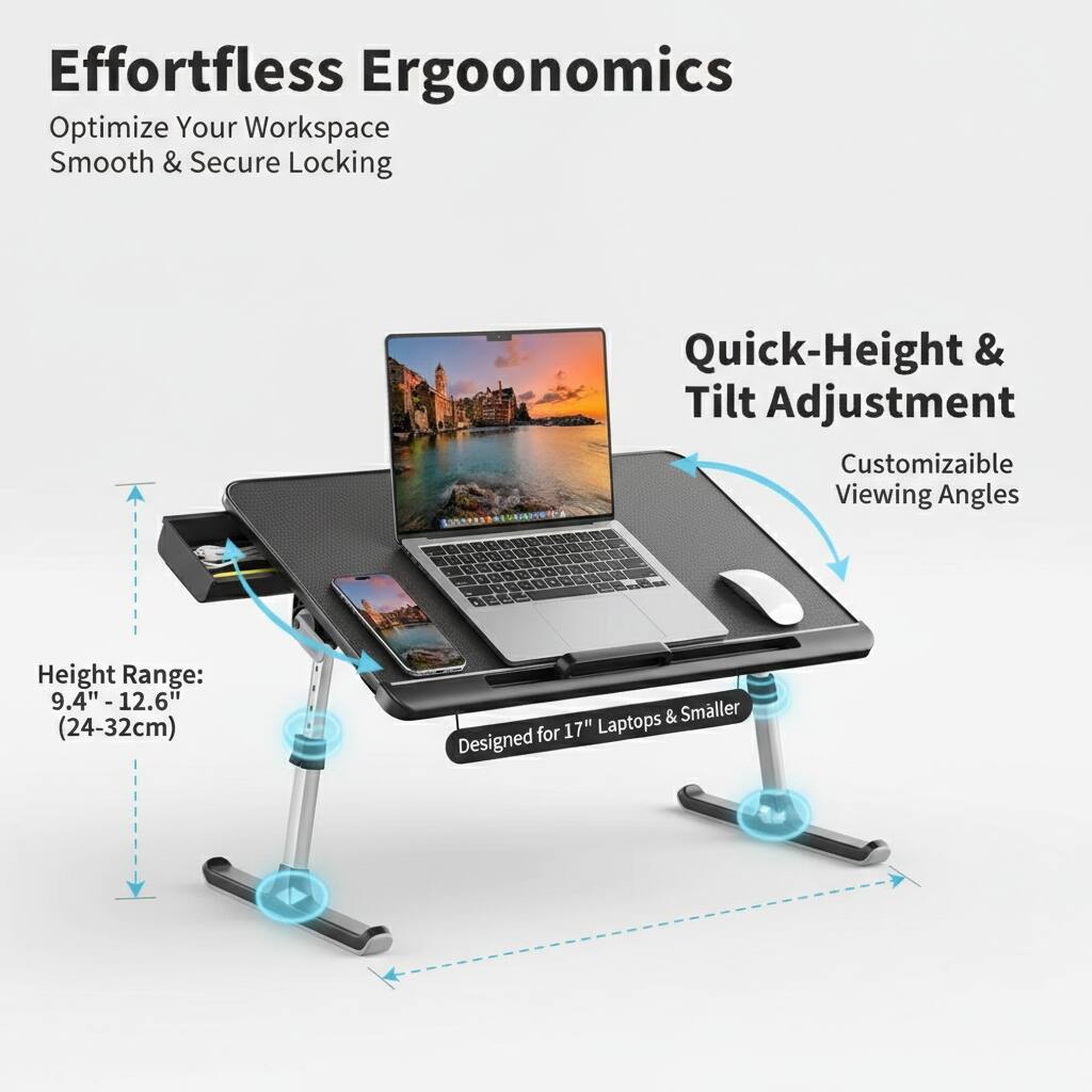 Effortless Ergonomics  
Optimize Your Workspace  
Smooth & Secure Locking  

Quick-Height & Tilt Adjustment  
Customizable Viewing Angles  

Height Range: 9.4" - 12.6" (24-32cm)  

Designed for 17" Laptops & Smaller