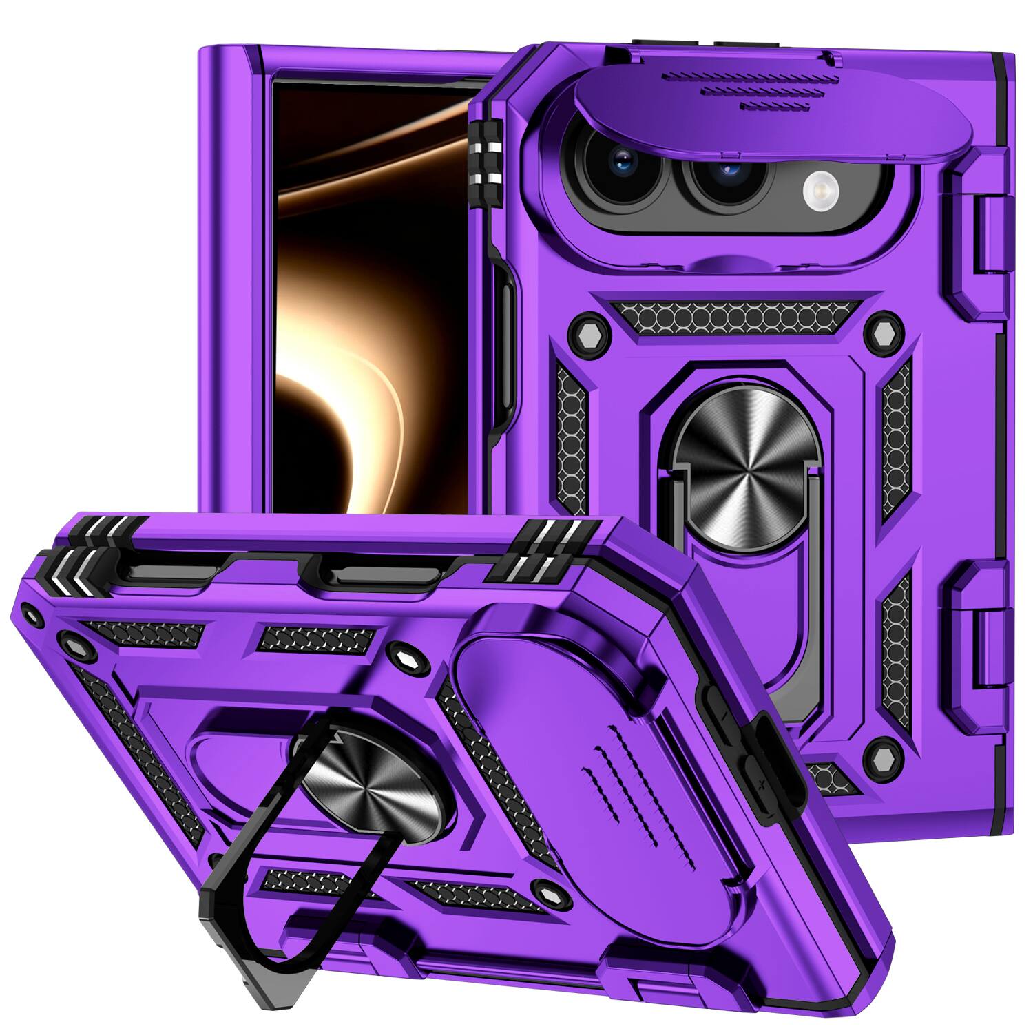 Front. Dteck - For Apple iPhone Duo Heavy Duty Rugged Case Sliding Lens Cover, Shockproof Ring Kickstand Hinge Protection Cover - Purple.