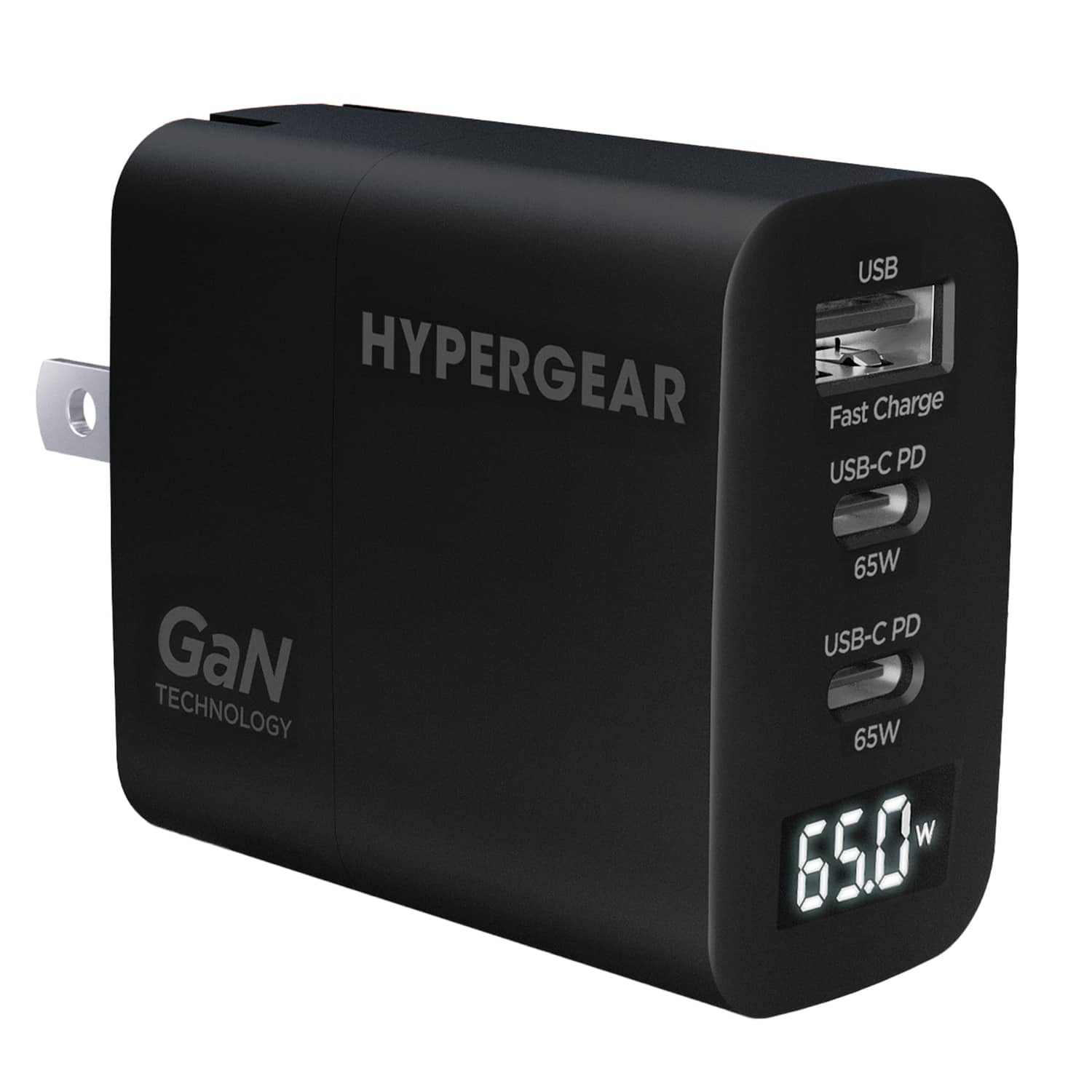 16299 HyperGear SpeedBoost 65-Watt USB-C PD Tri-Port GaN Laptop Wall Charger with PPS and Digital Display - Black