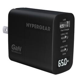 16299 HyperGear SpeedBoost 65-Watt USB-C PD Tri-Port GaN Laptop Wall Charger with PPS and Digital Display - Black