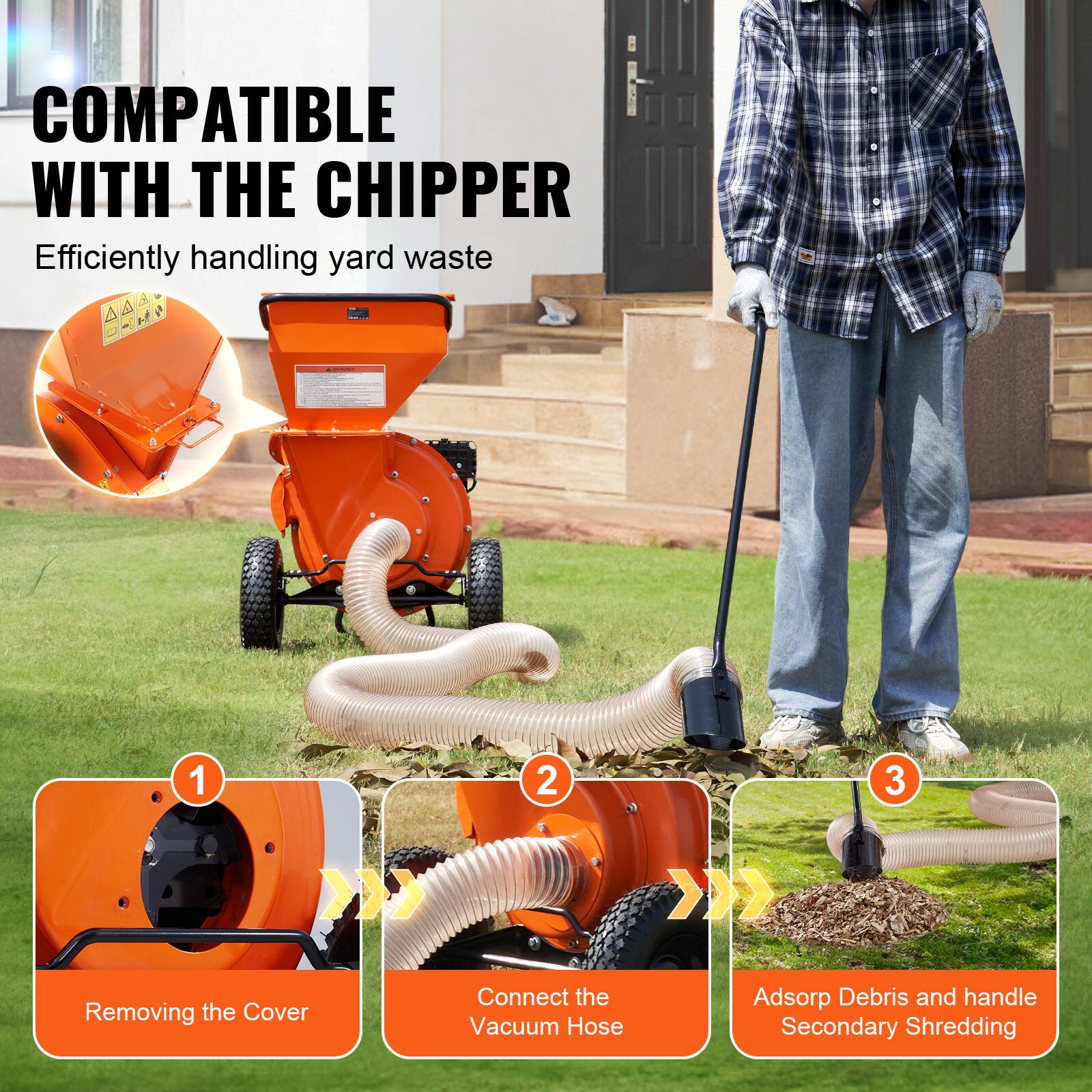 COMPATIBLE WITH THE CHIPPER
Efficiently handling yard waste
1. Removing the Cover
2. Connect the Vacuum Hose
3. Adsorp Debris and handle Secondary Shredding