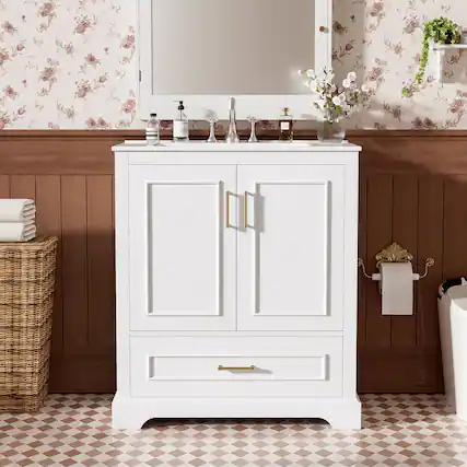Front. Boyel Living - 30 Inch White Bathroom Vanity with Ceramic Sink, Divider Drawer, 2 Soft Close Doors and Double Door Shelves - White.