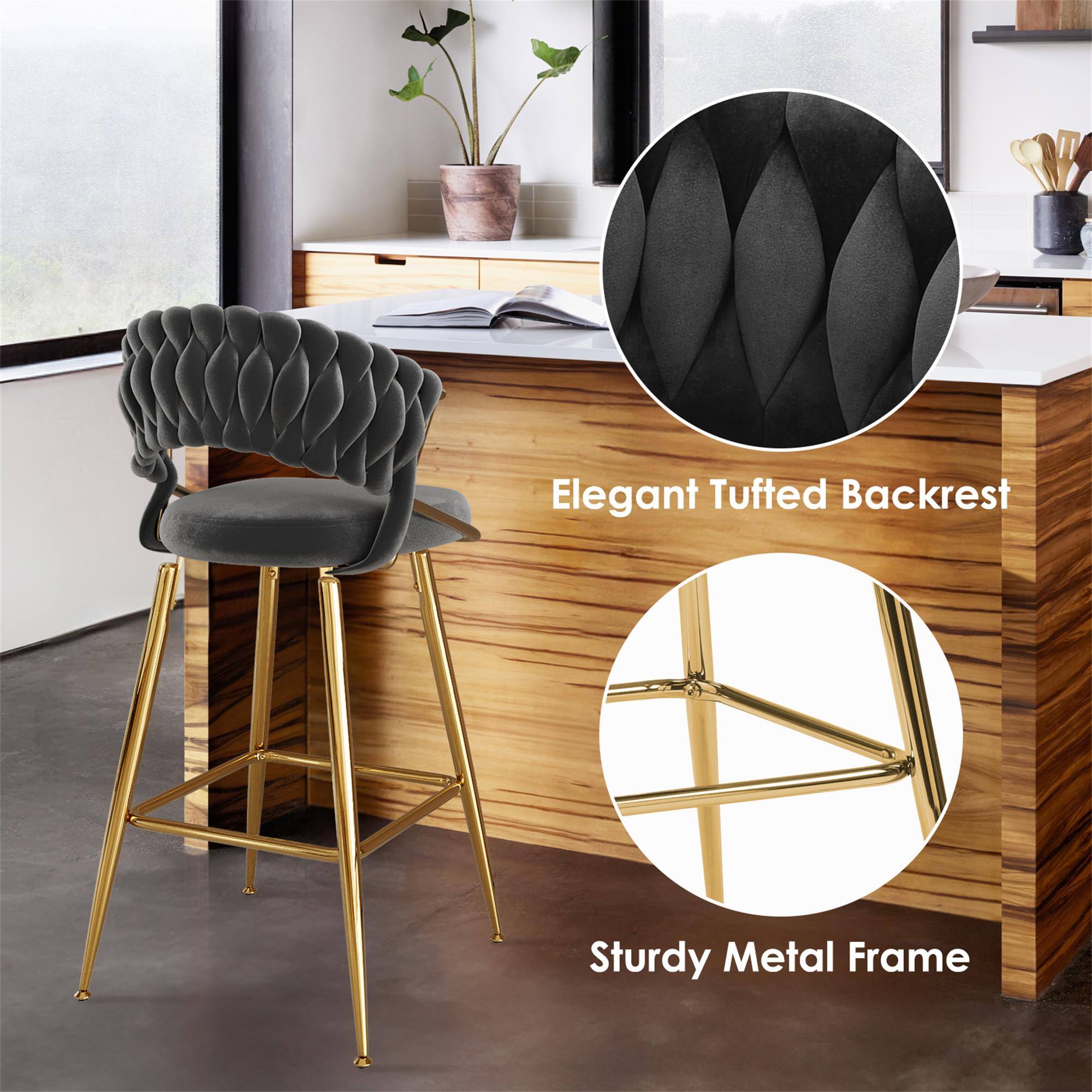 Elegant Tufted Backrest  
Sturdy Metal Frame