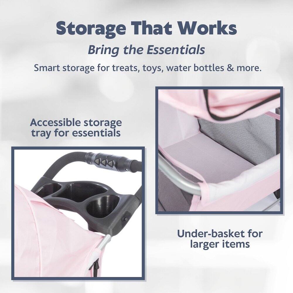 Storage That Works  
Bring the Essentials  

Smart storage for treats, toys, water bottles & more.  

Accessible storage tray for essentials  

Under-basket for larger items