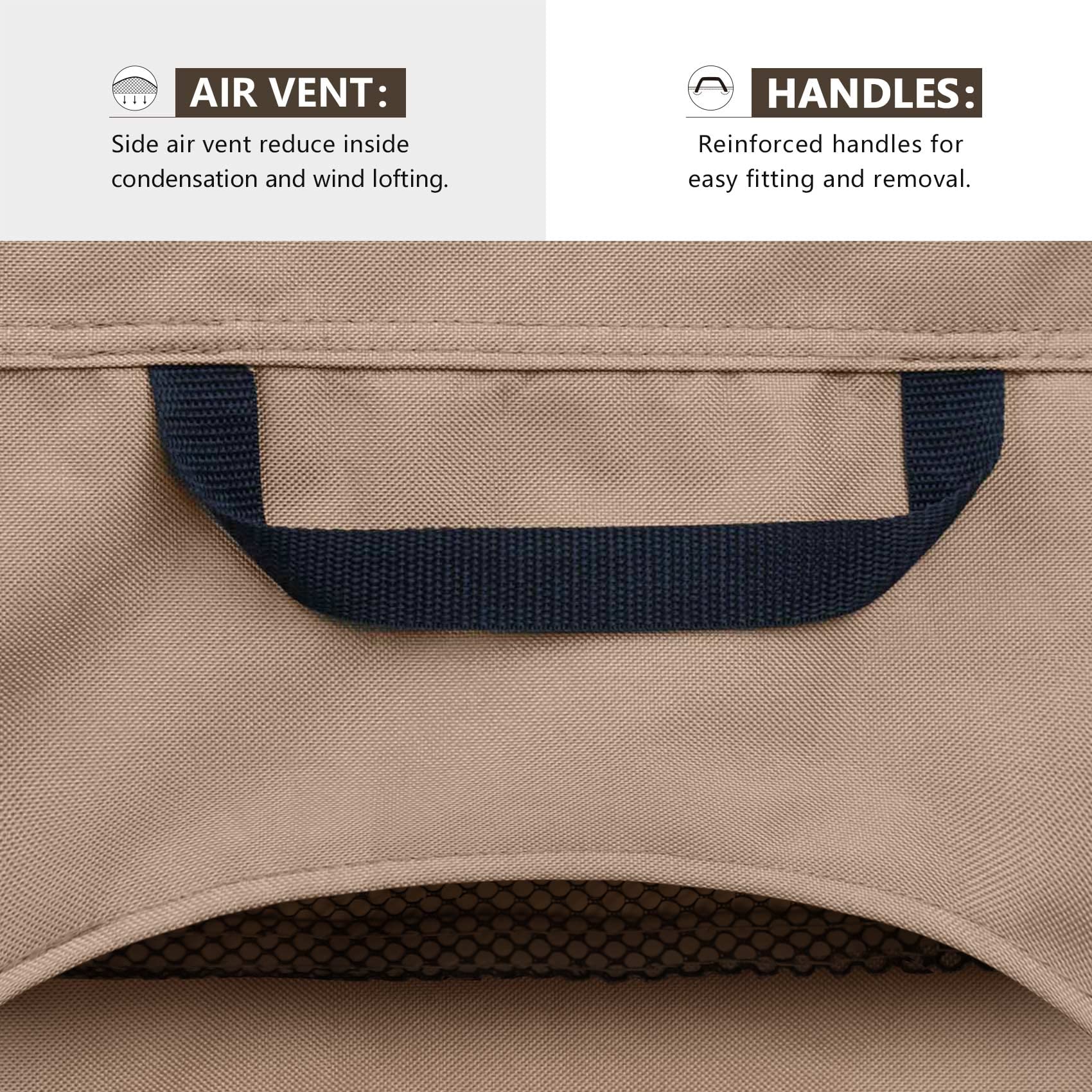 **AIR VENT:**  
Side air vent reduce inside condensation and wind lofting.

**HANDLES:**  
Reinforced handles for easy fitting and removal.