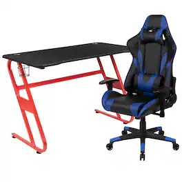 Emma + Oliver - Desk Bundle-Gaming Desk, Cup Holder, Headphone Hook and Reclining Chair - Blue
