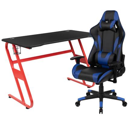Front. Emma + Oliver - Desk Bundle-Gaming Desk, Cup Holder, Headphone Hook and Reclining Chair - Blue.