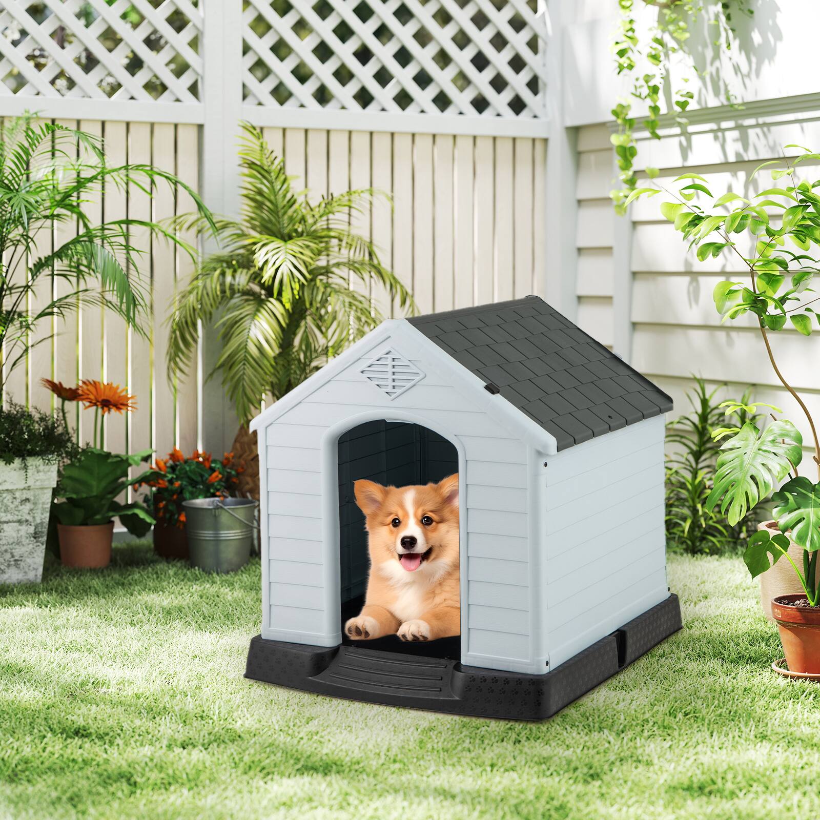 Alt View 3. Costway - Costway Enduring Waterproof Plastic Dog House w/Sloping Roofs Indoor Outdoor Dog House.
