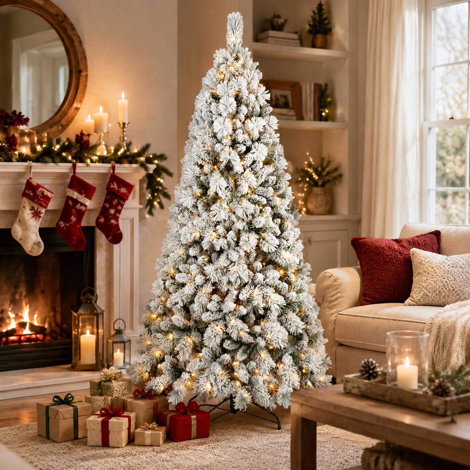 Angle. RYHNUYNE - 4FT Flocked Pre-Lit Christmas Tree, 150 Warm White LED Lights 350 Tips PVC Hard Needle Hinged Design Sturdy Metal Stand - Green,White.