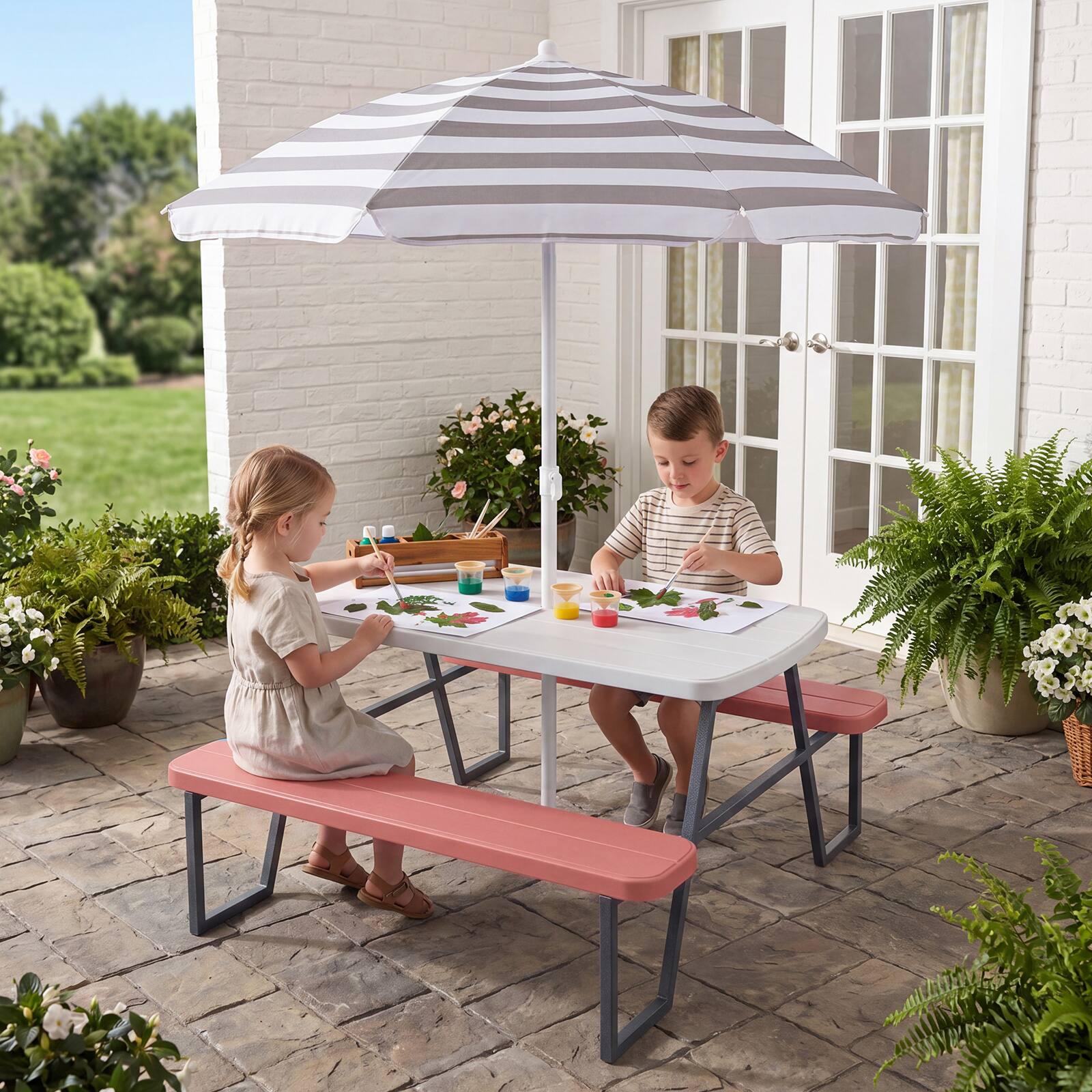 Alt View 1. Costway - Costway Kids Picnic Table with Benches Removable Adjustable Umbrella Metal Frame for Patio - Pink.