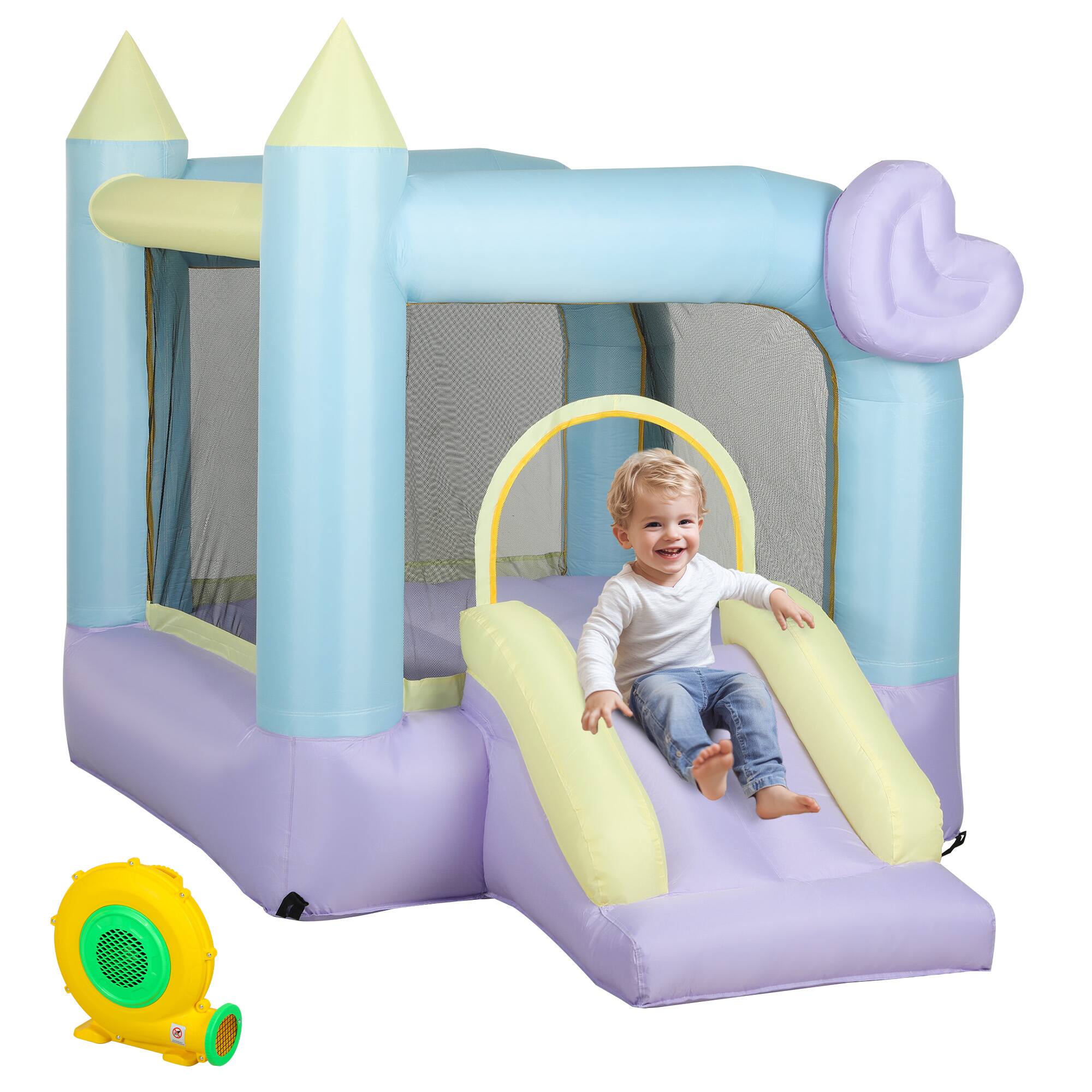 Front. Qaba - Bounce House, Inflatable Bouncer, Air Blower, Outdoor Indoor, Slide, Stakes, Storage Bag, Kids 3-8, 98" x 65" x 79".