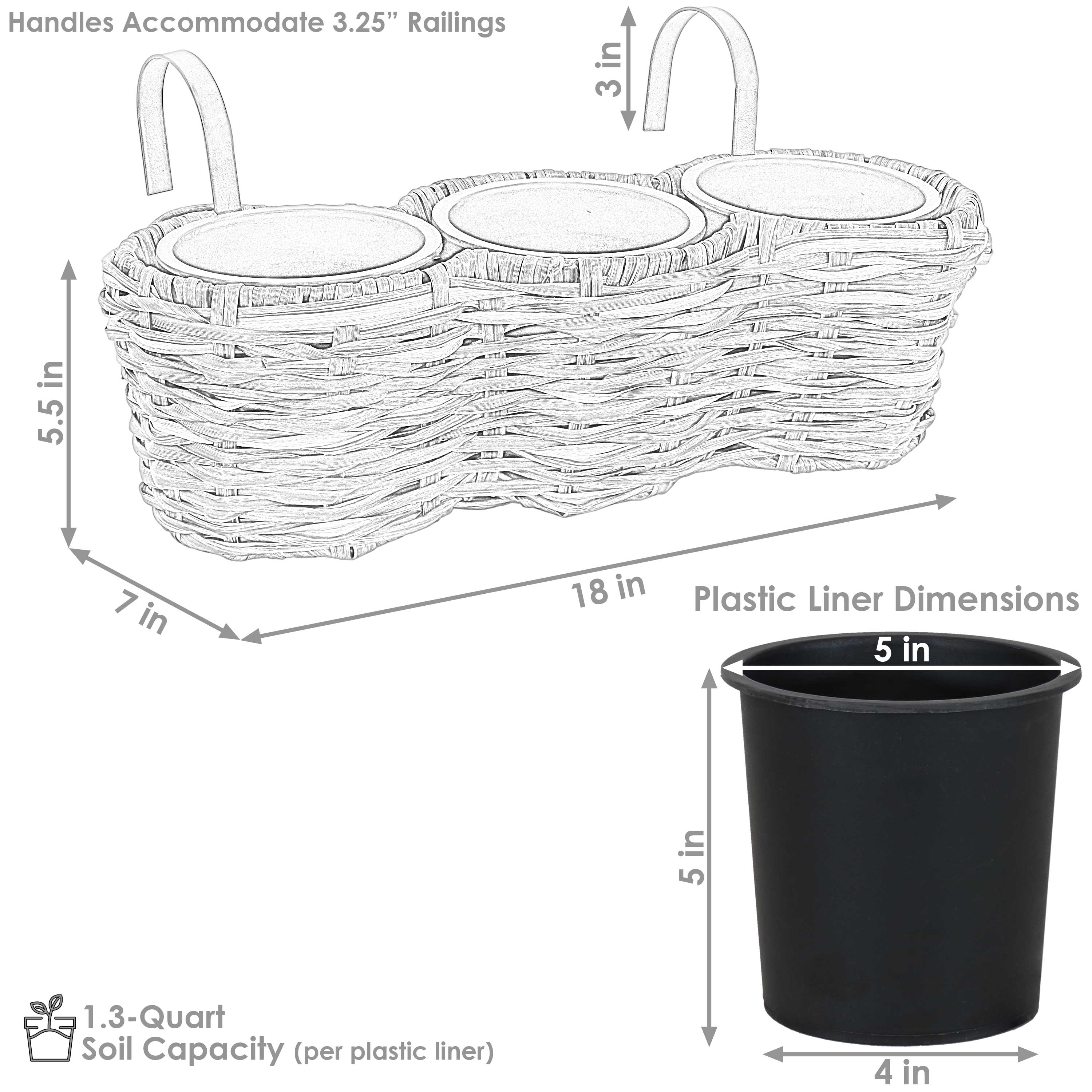 Handles Accommodate 3.25" Railings

- Height: 5.5 in
- Width: 7 in
- Depth: 18 in

Plastic Liner Dimensions
- Height: 5 in
- Diameter: 4 in

1.3-Quart Soil Capacity (per plastic liner)