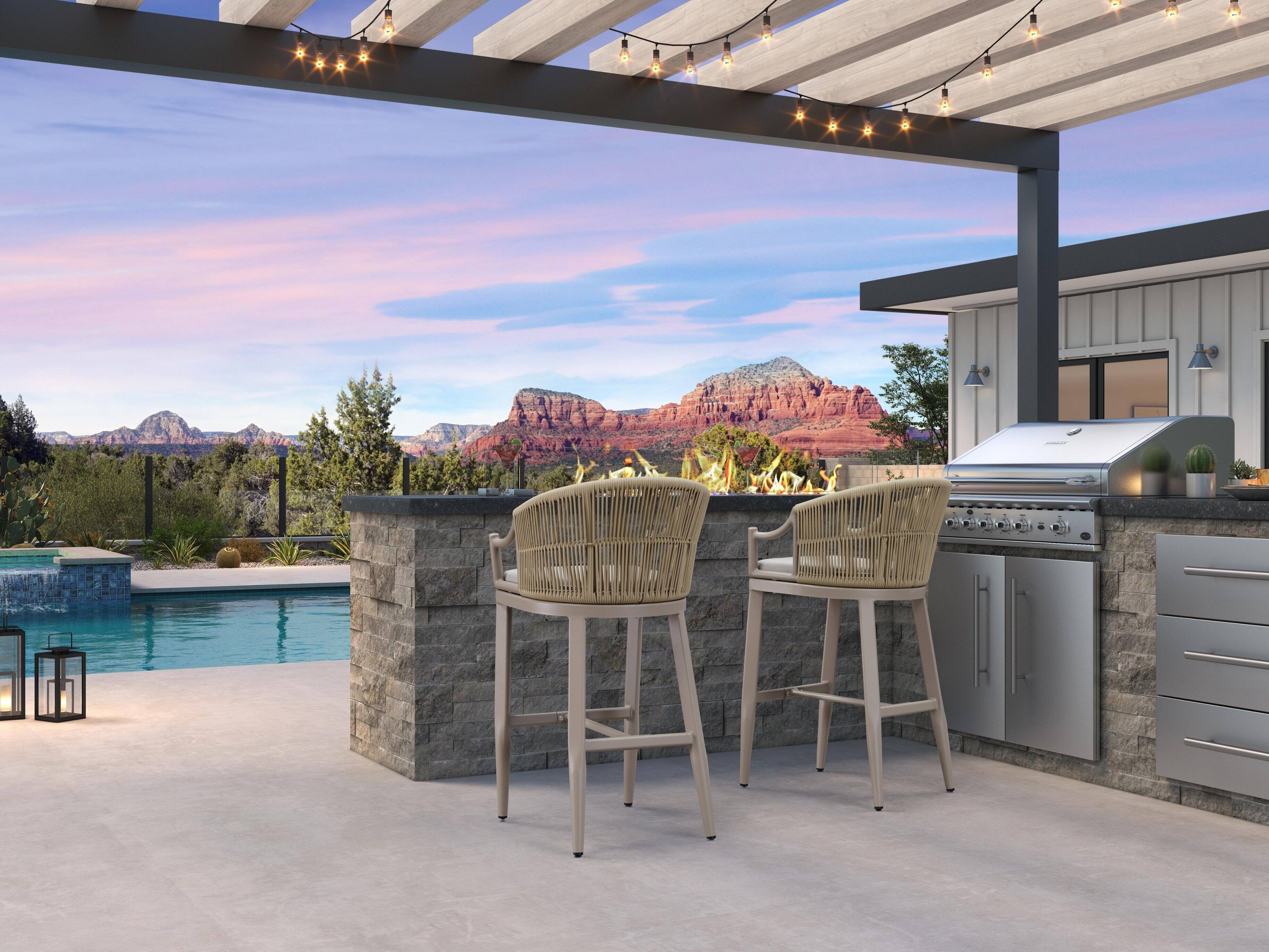 Alt View 2. PURPLE LEAF - Patio Bar Height Set of 2 Outdoor Rattan Chairs with Back Modern Aluminum Woven Barstools for Garden Indoor Kitchen - Champagne-Bar Stool.