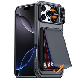 Dteck - Rugged Shockproof Flip Stand RFID Wallet Case Sliding Camera Lens Cover for Apple iPhone 15 Pro Max - Black