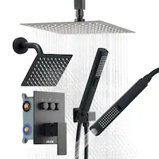 Front. VEVOR - Shower Faucet Set, 10 Inch Ceiling Mount Rainfall Shower System with 6 Inch Wall Mount Head and 2 in 1 Handheld Spray - Matte Black.
