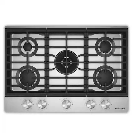 Front. KitchenAid - 30 in. Gas Cooktop with 5 Burners and Integrated Wok Grate - Stainless Steel.
