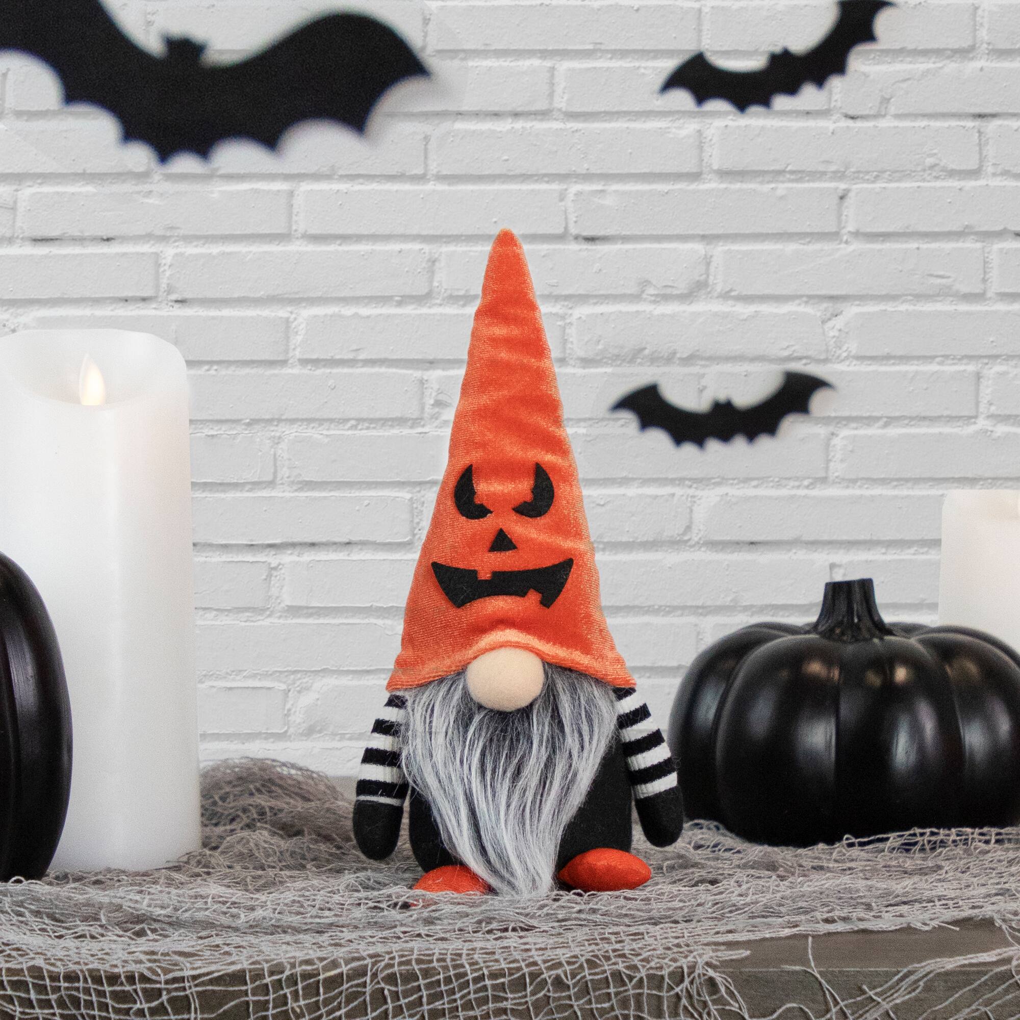 Front. Northlight - Halloween Gnome with Jack-O-Lantern Hat - 9.75" - Orange.