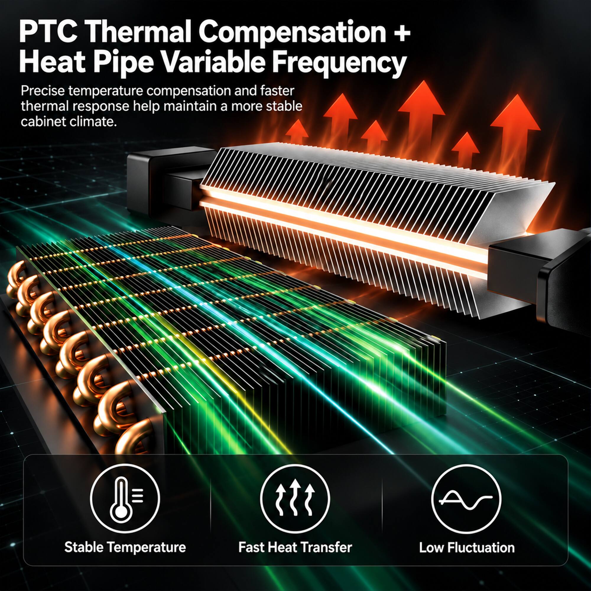 PTC Thermal Compensation + Heat Pipe Variable Frequency

Precise temperature compensation and faster thermal response help maintain a more stable cabinet climate.

- Stable Temperature
- Fast Heat Transfer
- Low Fluctuation