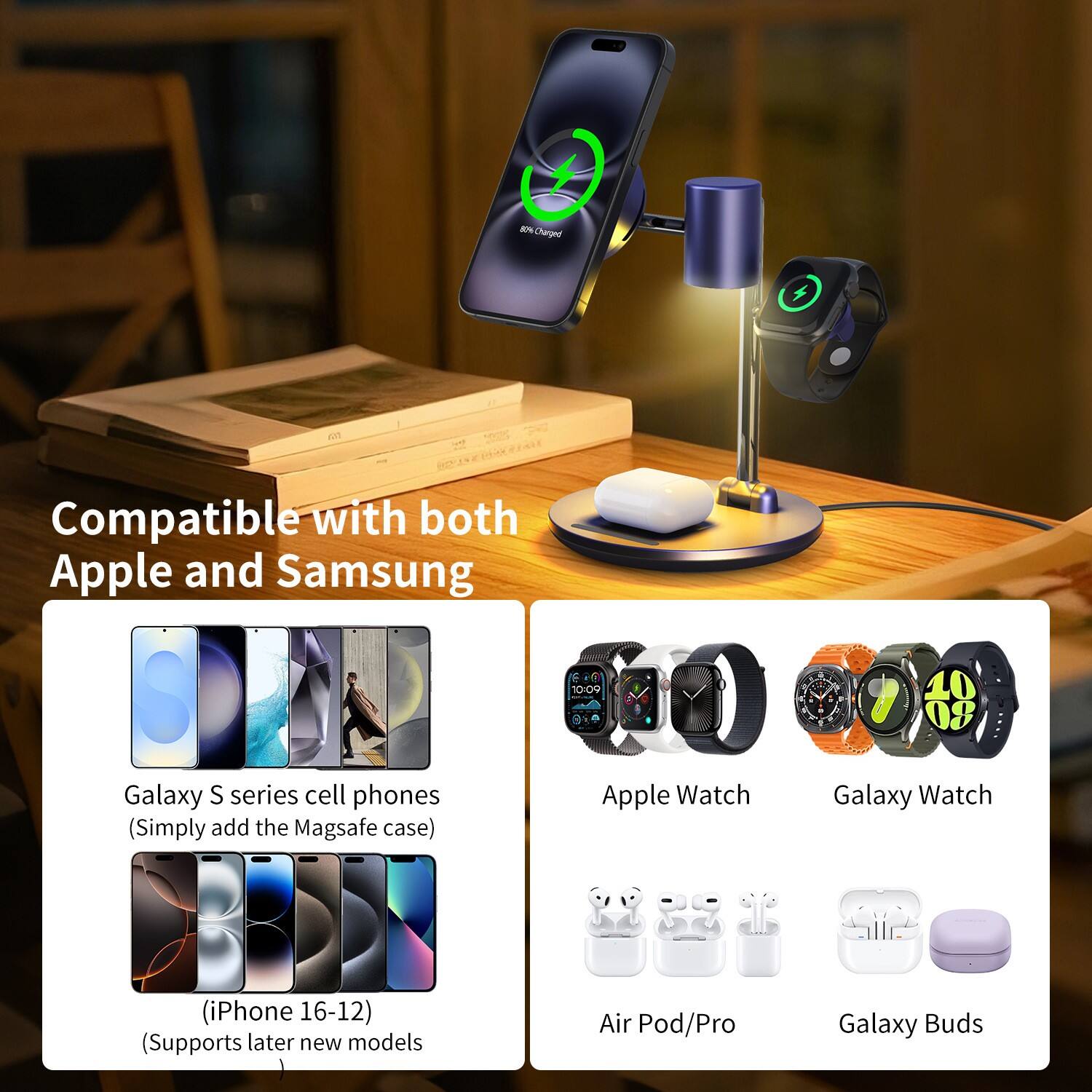 8% Charged  
Compatible with both Apple and Samsung  
10:09  
40 80  
Galaxy S series cell phones (Simply add the Magsafe case)  
Apple Watch  
Galaxy Watch  
(iPhone 16-12) (Supports later new models)  
Air Pod/Pro  
Galaxy Buds