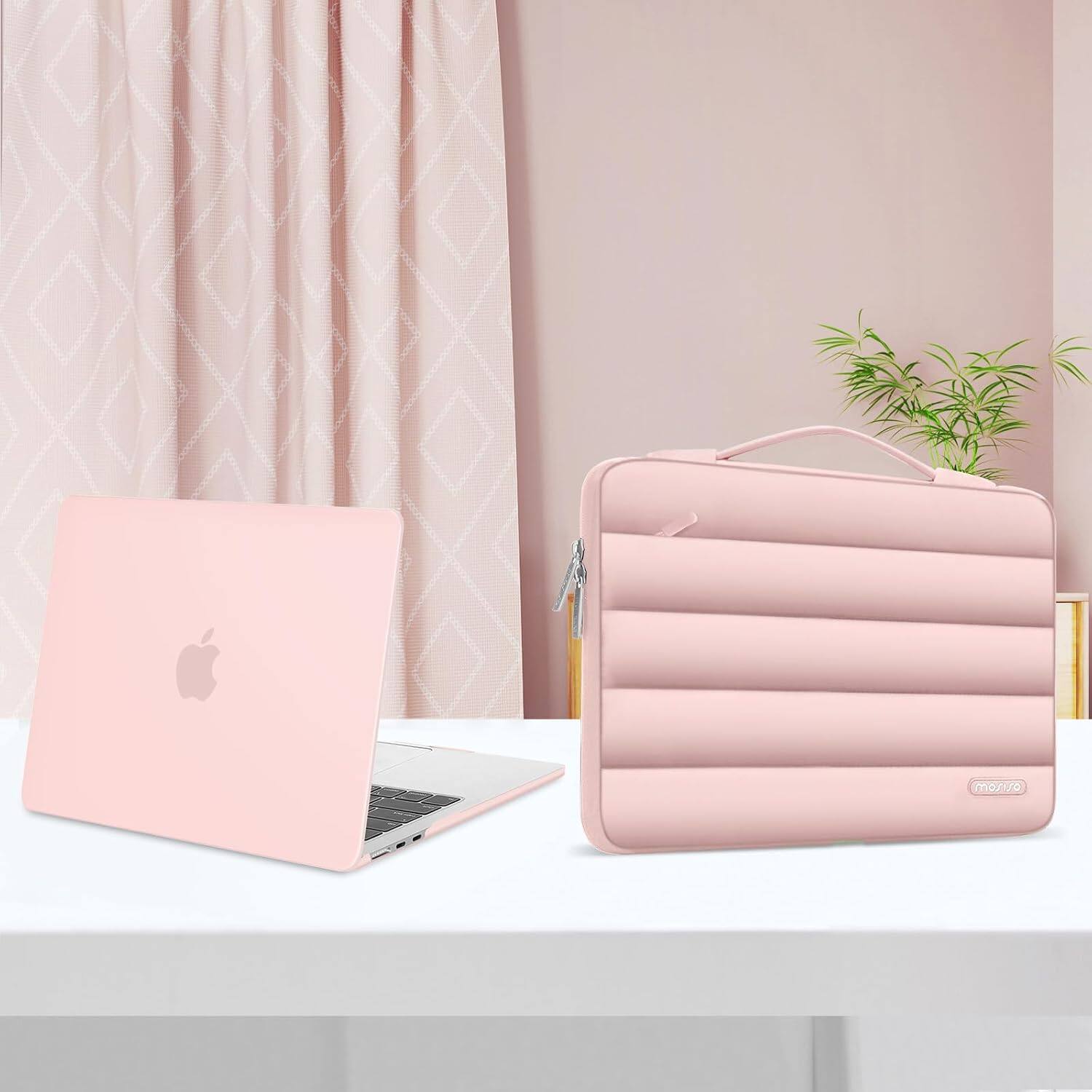 Alt View 3. mosiso - Hard Case Set for MacBook Air 13 inch M5 M4 M3 M2 2022-2026 with Puffy Bag&Keyboard Cover&Webcam Cover&Screen Protector - Pink.