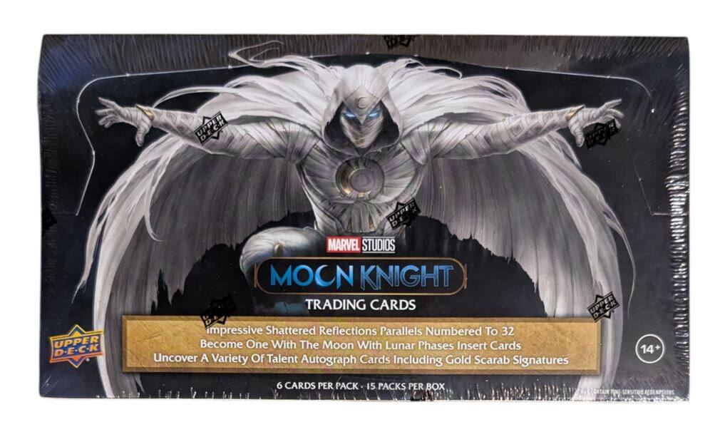 UPPER DECK UPPER MARVEL STUDIOS MOON KNIGHT TRADING CARDS

Impressive Shattered Reflections Parallels Numbered To 32

Become One With The Moon With Lunar Phases Insert Cards

Uncover A Variety Of Talent Autograph Cards Including Gold Scarab Signatures

14+ 6 CARDS PER PACK 15 PACKS PER BOX