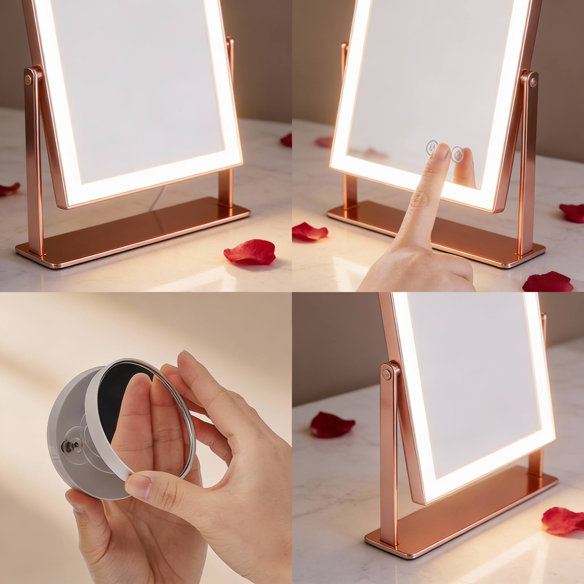 Alt View 1. PO3TICJUNKI3 - Lighted Vanity Mirror with 3 Color Modes, 5X Magnification, Touch Control, 360° Rotation - 13.5"L x 17.4"W (96 LED).
