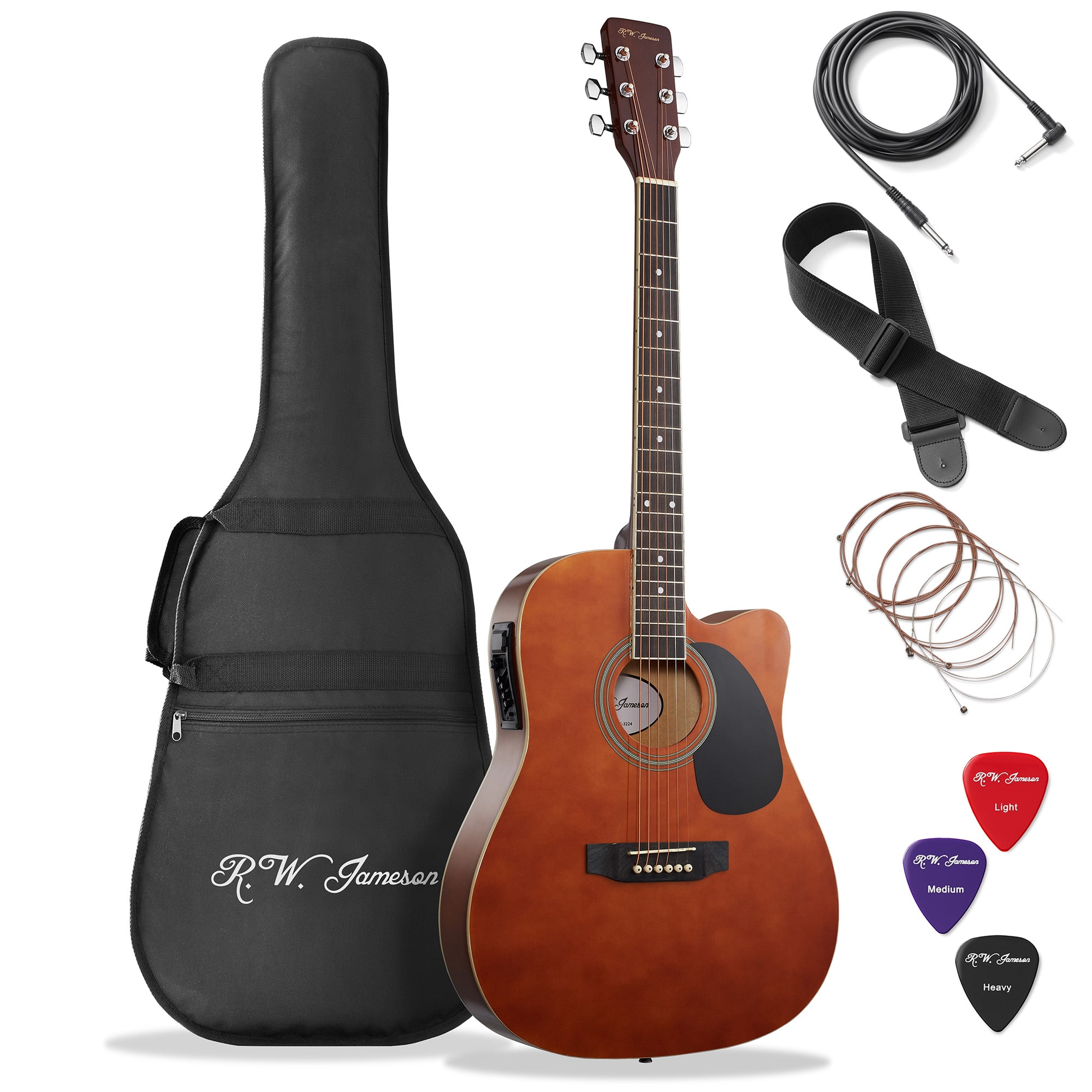 Jameson Guitars - Thinline Cutaway Acoustic Electric Guitar with Gig Bag - Right Handed - Brown