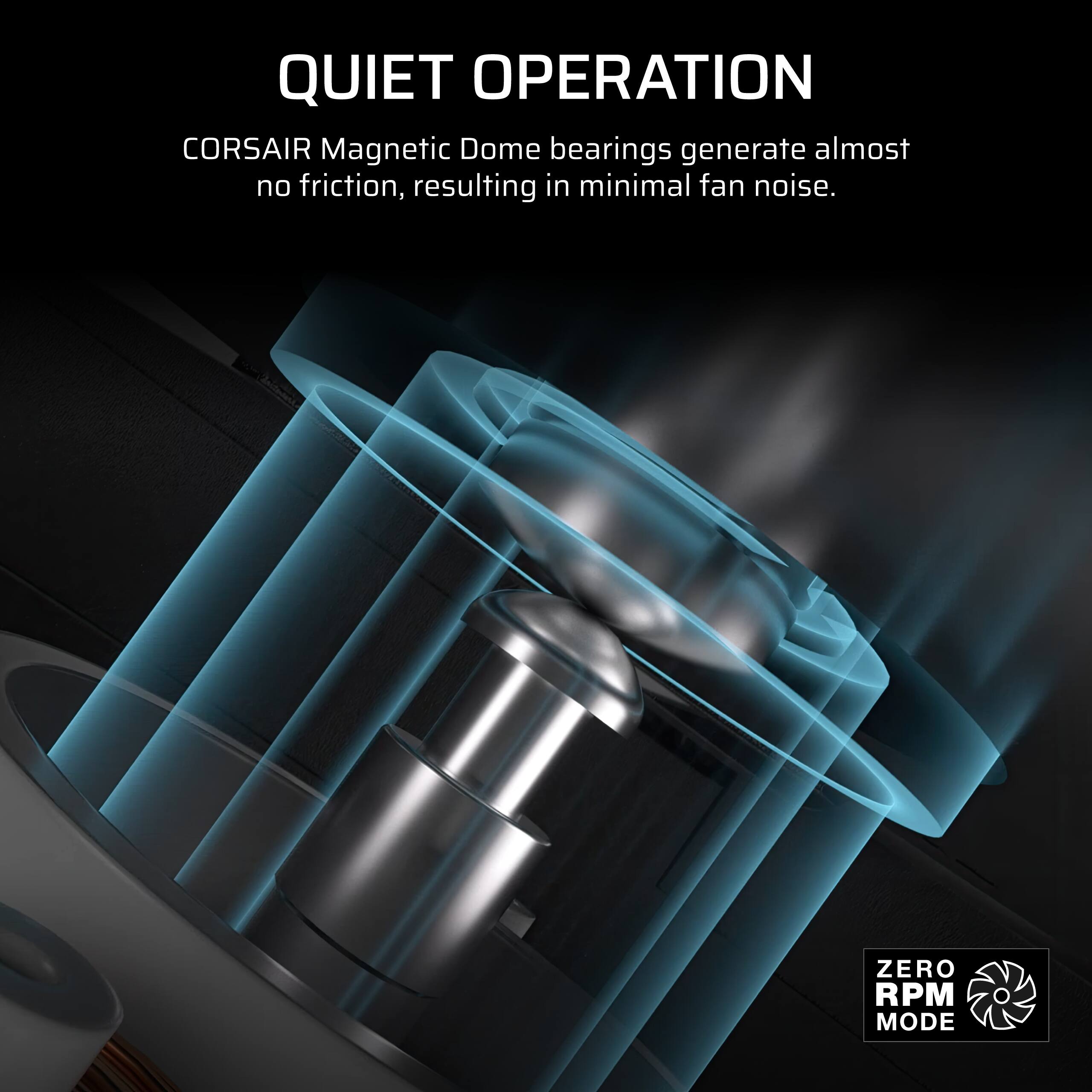 QUIET OPERATION

CORSAIR Magnetic Dome bearings generate almost no friction, resulting in minimal fan noise.

ZERO RPM MODE