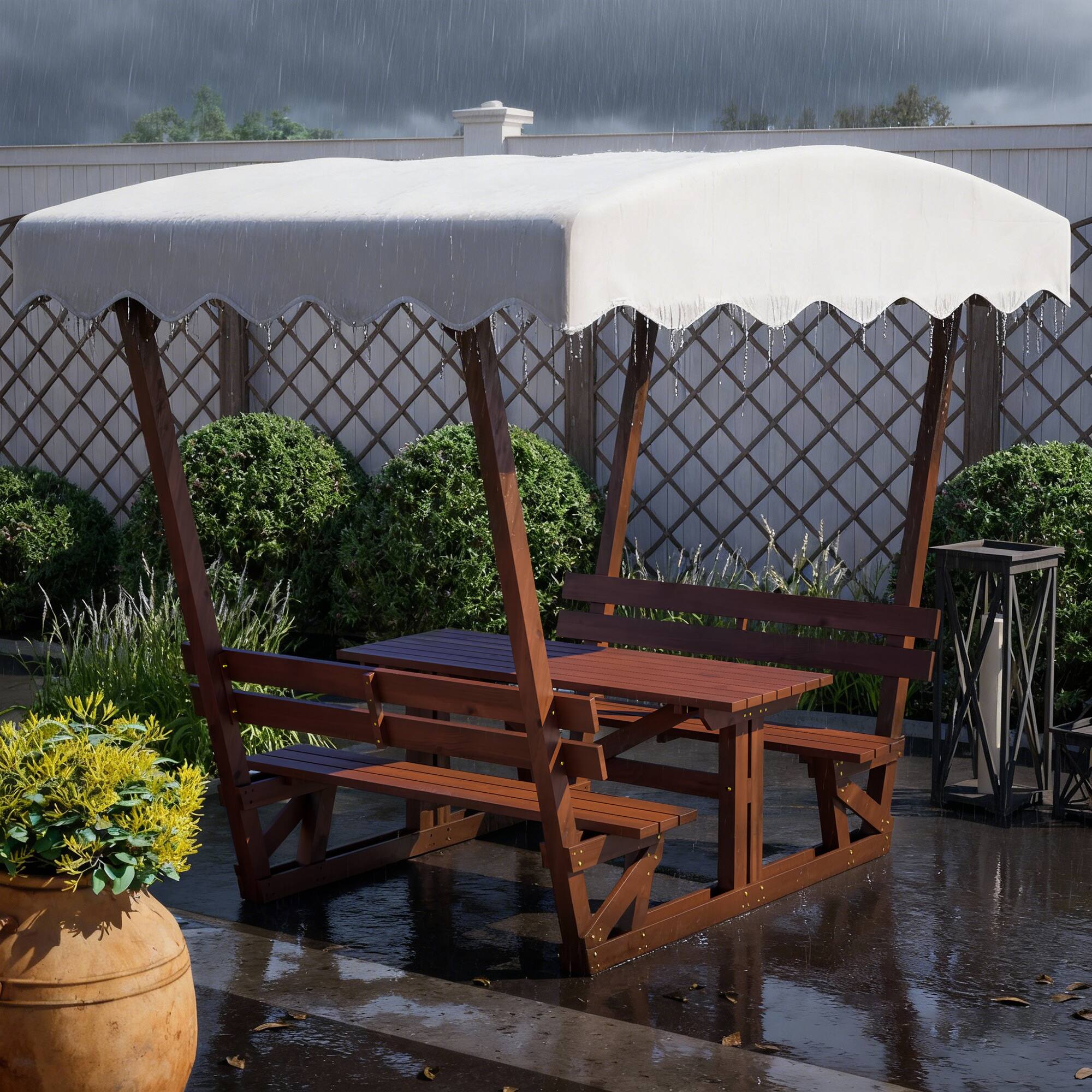 Alt View 8. Mondawe - Outdoor waterproof solid wood picnic table and bench set with removable canopy - Brown.