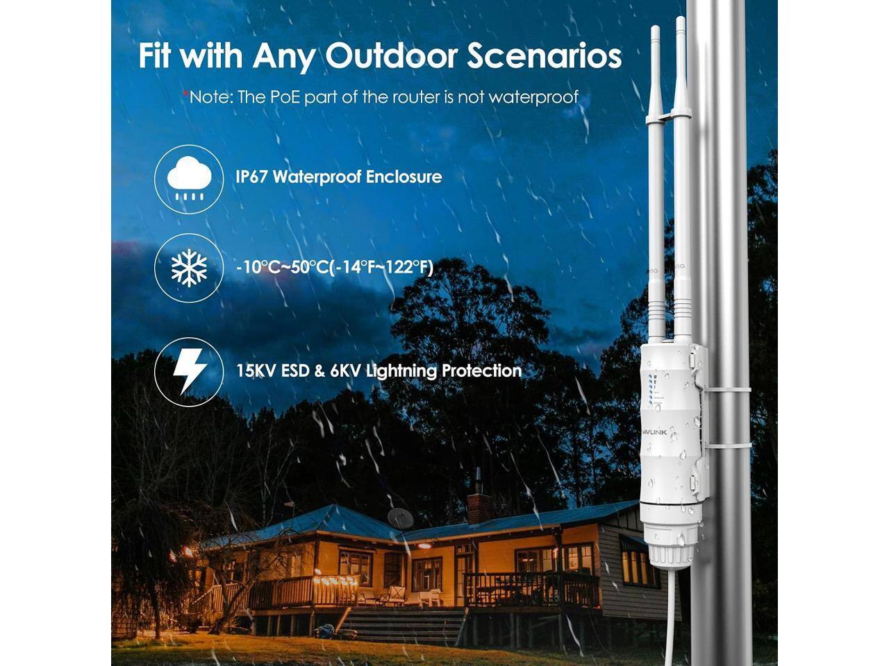Fit with Any Outdoor Scenarios  
Note: The POE part of the router is not waterproof  

IP67 Waterproof Enclosure  
-10°C~50°C (-14°F~122°F)  
15KV ESD & 6KV Lightning Protection  
VLink