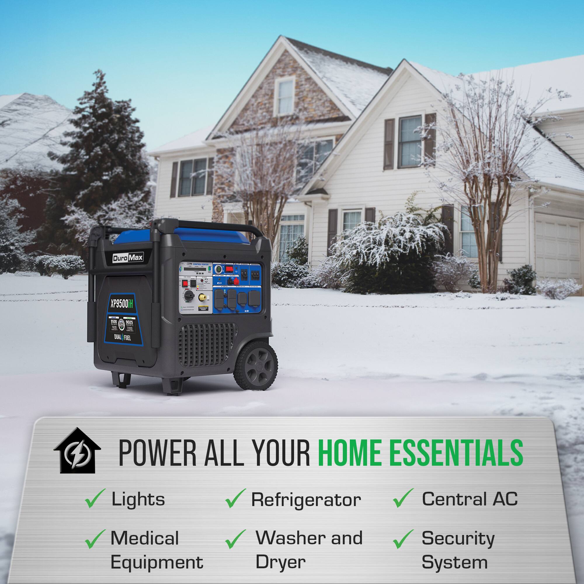Duro Max I XP9500 2 -s I TIEL POWER ALL YOUR HOME ESSENTIALS Lights Refrigerator Central AC Medical Equipment Washer and Dryer Security System