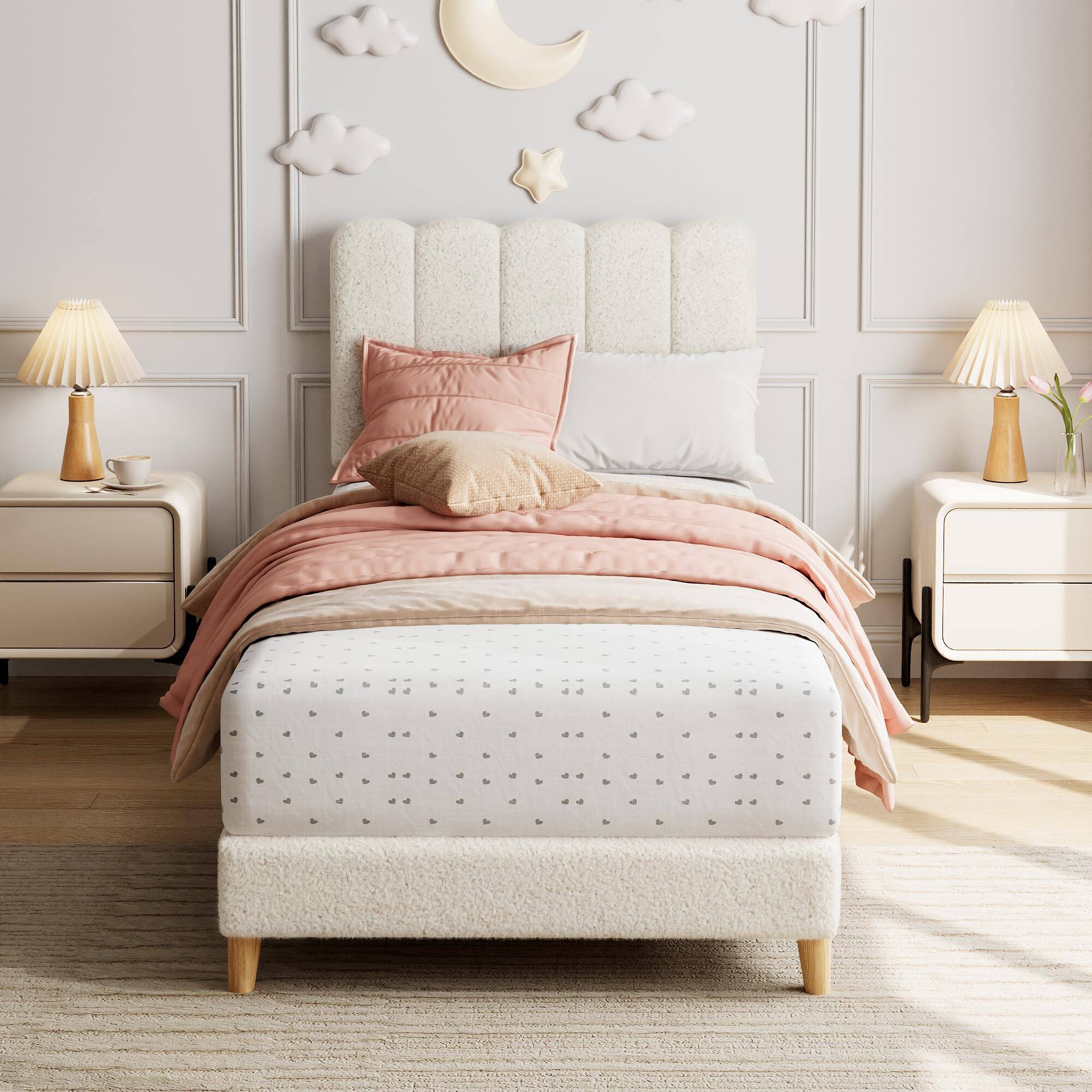 Alt View 1. Homhougo - Twin Bed Frame, Boucle Upholstered Platform Bed with Wave Headboard for Girls/Kids, Easy Assembly, Wooden Slats Support - White.