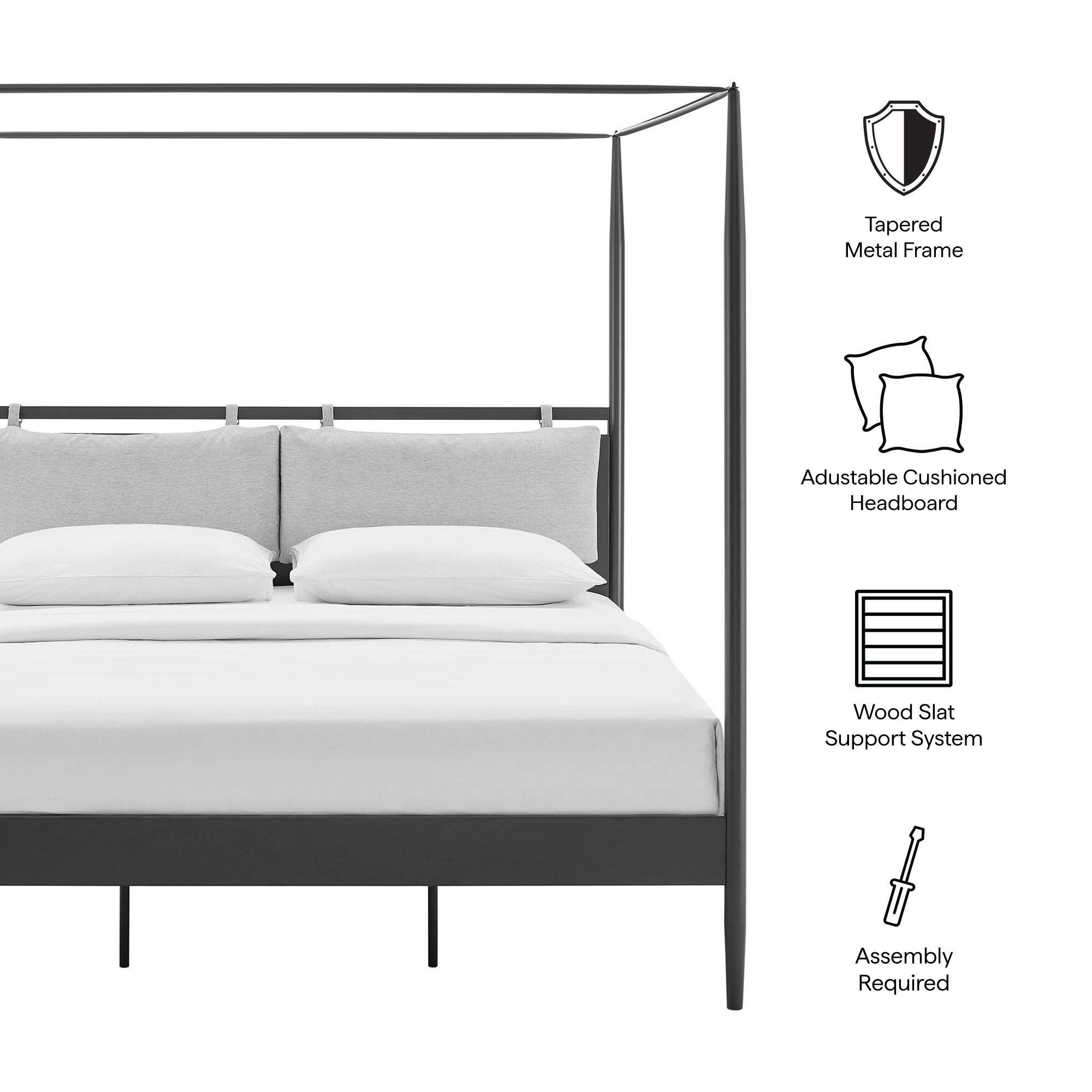 - Tapered Metal Frame
- Adjustable Cushioned Headboard
- Wood Slat Support System
- Assembly Required