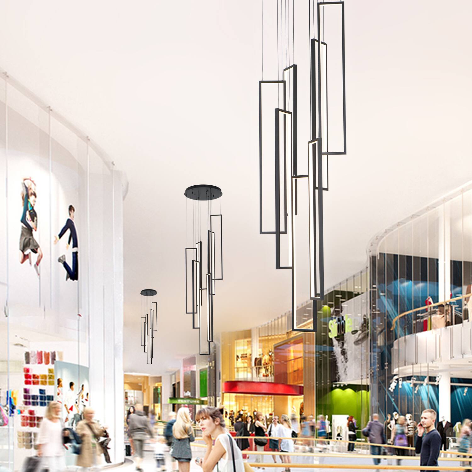 Left. Umeiluce - 7-Light Modern Chandelier High Ceiling Hallway Stairs Long Hanging Pendant Lighting - Matte Black.