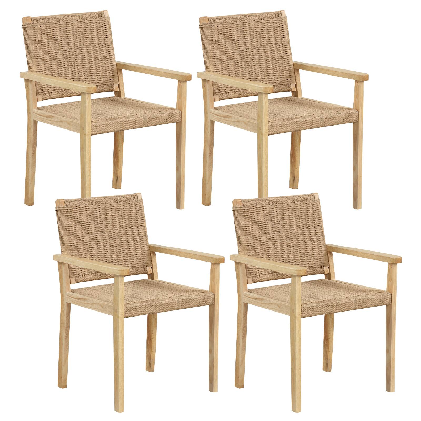 Front. Costway - Costway Patio Chair Set of 4 Rubber Wood Dining Armchairs Paper Rope Woven Seat Balcony - Natural.