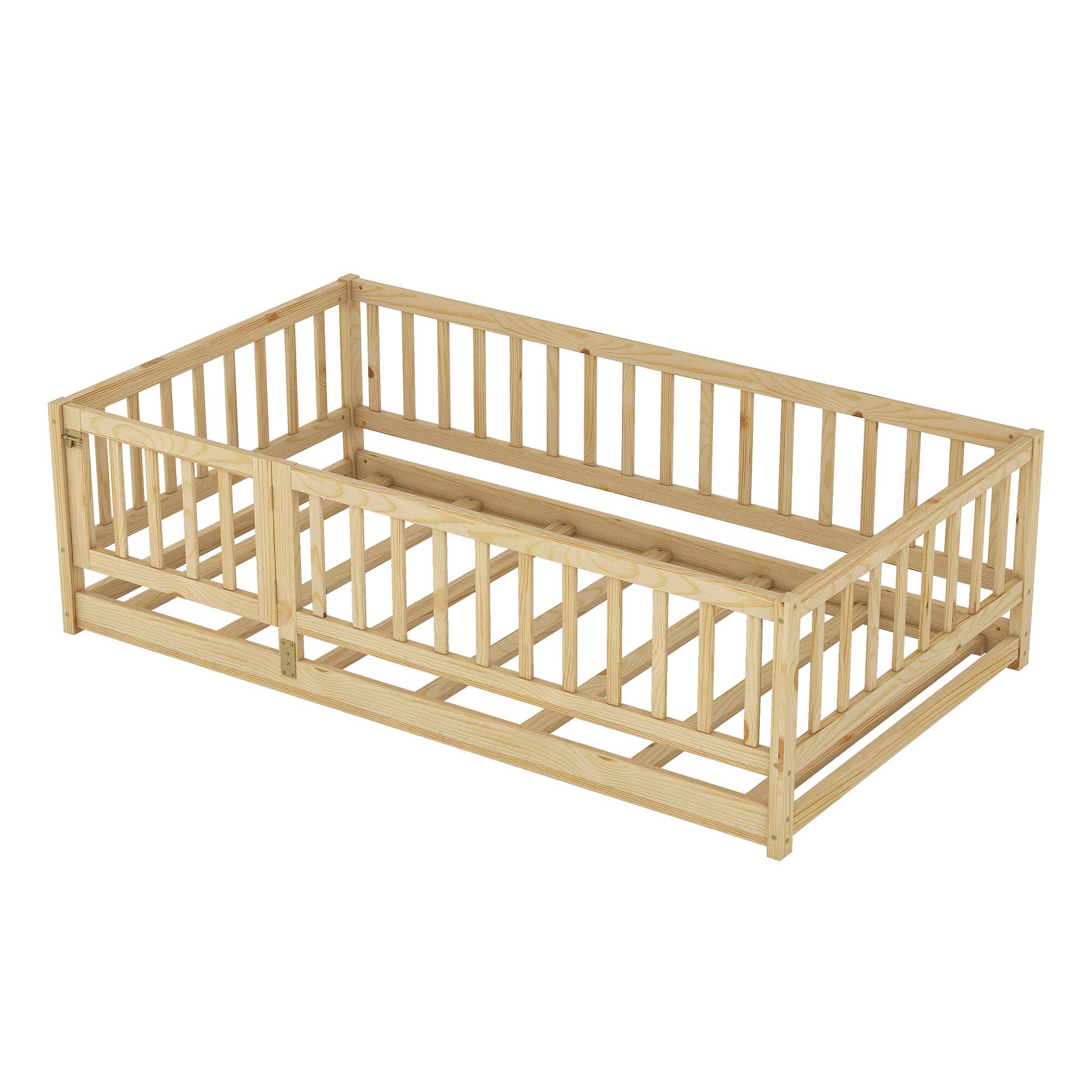 Alt View 8. GOODSILO - Twin Size Montessori Floor Bed with Fence and Door, Wood Bed Frame for Kids, Boys & Girls - Oak.