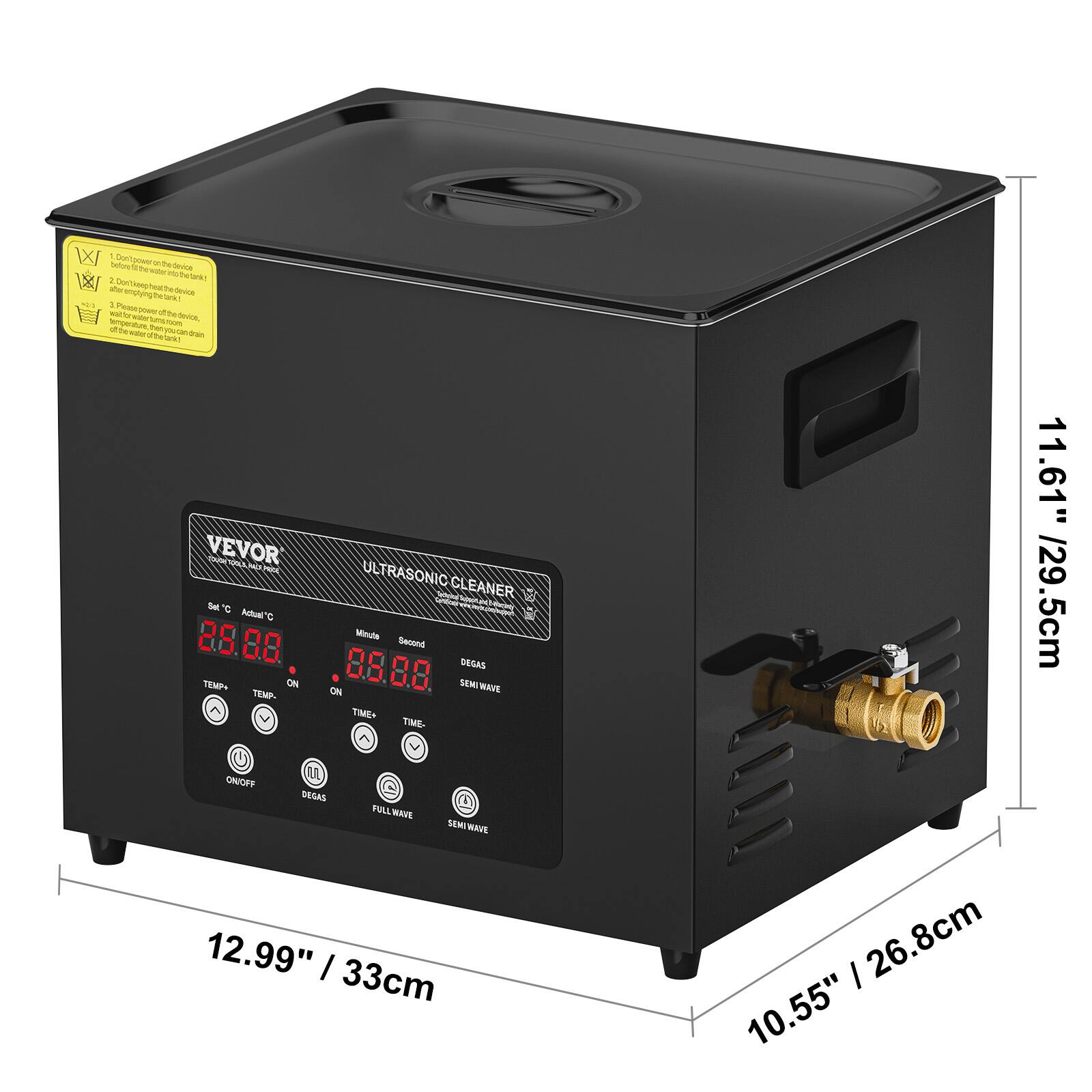 The text on the image is: 

- TEMPS ON TEMP ULTRASONIC CLEANER
- Minuta Seuohd 8.5
- DEGAS ON 8.8
- SEMI WAVE TME- TIME
- 11.61" /29.5cm
- SEGAS FOLL MOE SEMI WAVE
- 12.99" I 33cm I 26.8cm
- 10.55"