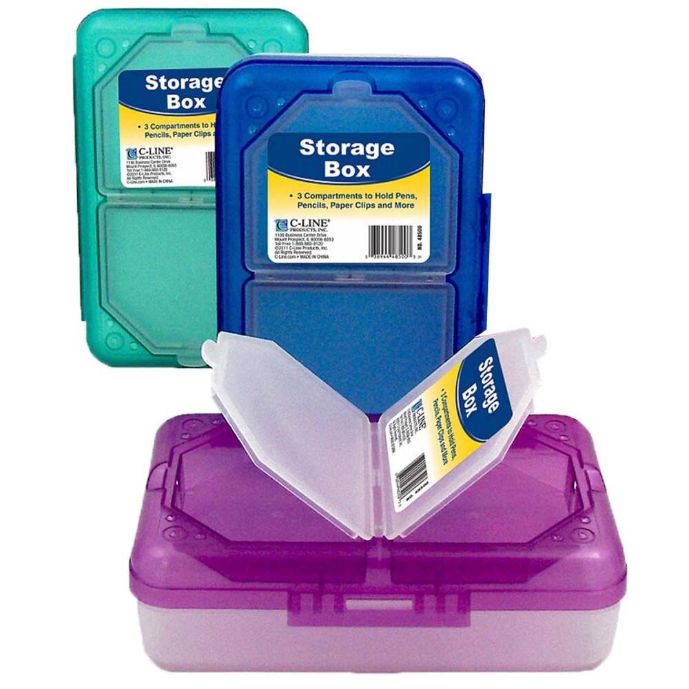 Storage Box 3 Compartments to Hold Pens, Pencils, Paper Clips and More  
C-LINE PRODUCTS, INC.  
Made in China  
Item No. 48500  
100 Box Storage