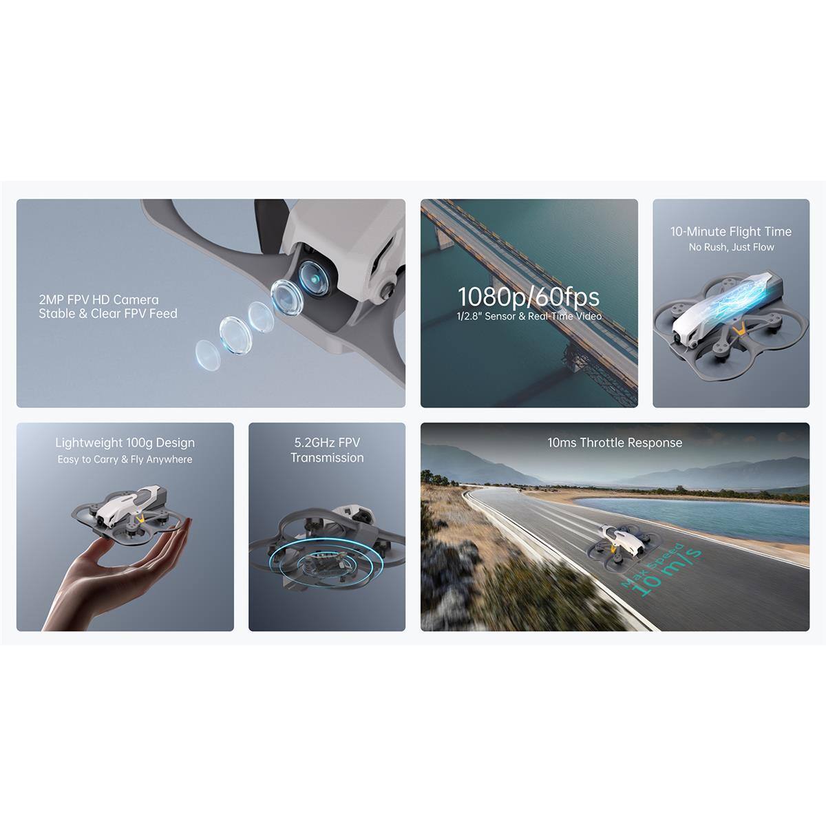 10-Minute Flight Time  
No Rush, Just Flow  

2MP FPV HD Camera  
Stable & Clear FPV Feed  

1080p/60fps  
1/2.8" Sensor & Real-Time Video  

Lightweight 100g Design  
Easy to Carry & Fly Anywhere  

5.2GHz FPV Transmission  

10ms Throttle Response  
Max Speed 10 m/s