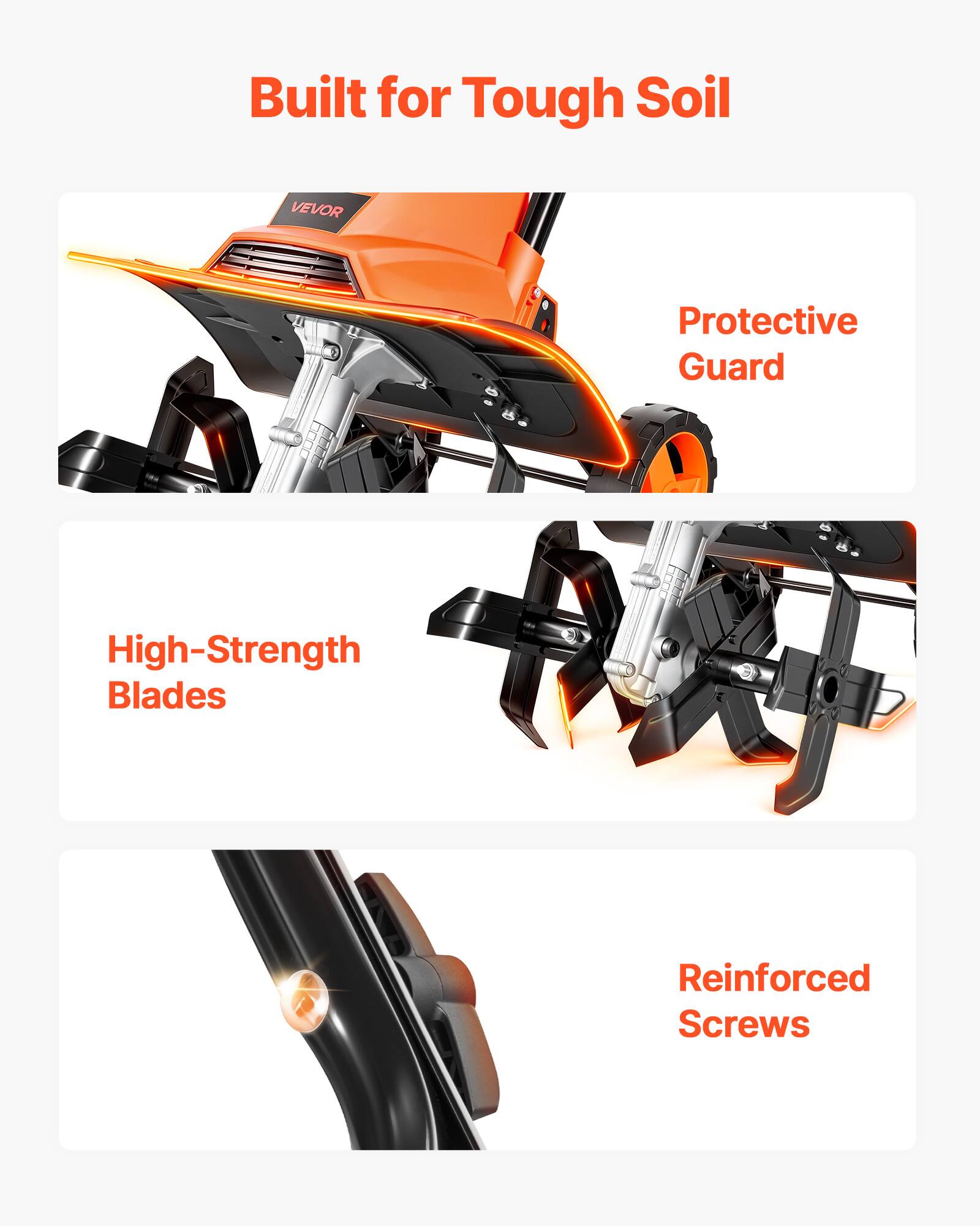 Built for Tough Soil

- Protective Guard
- High-Strength Blades
- Reinforced Screws