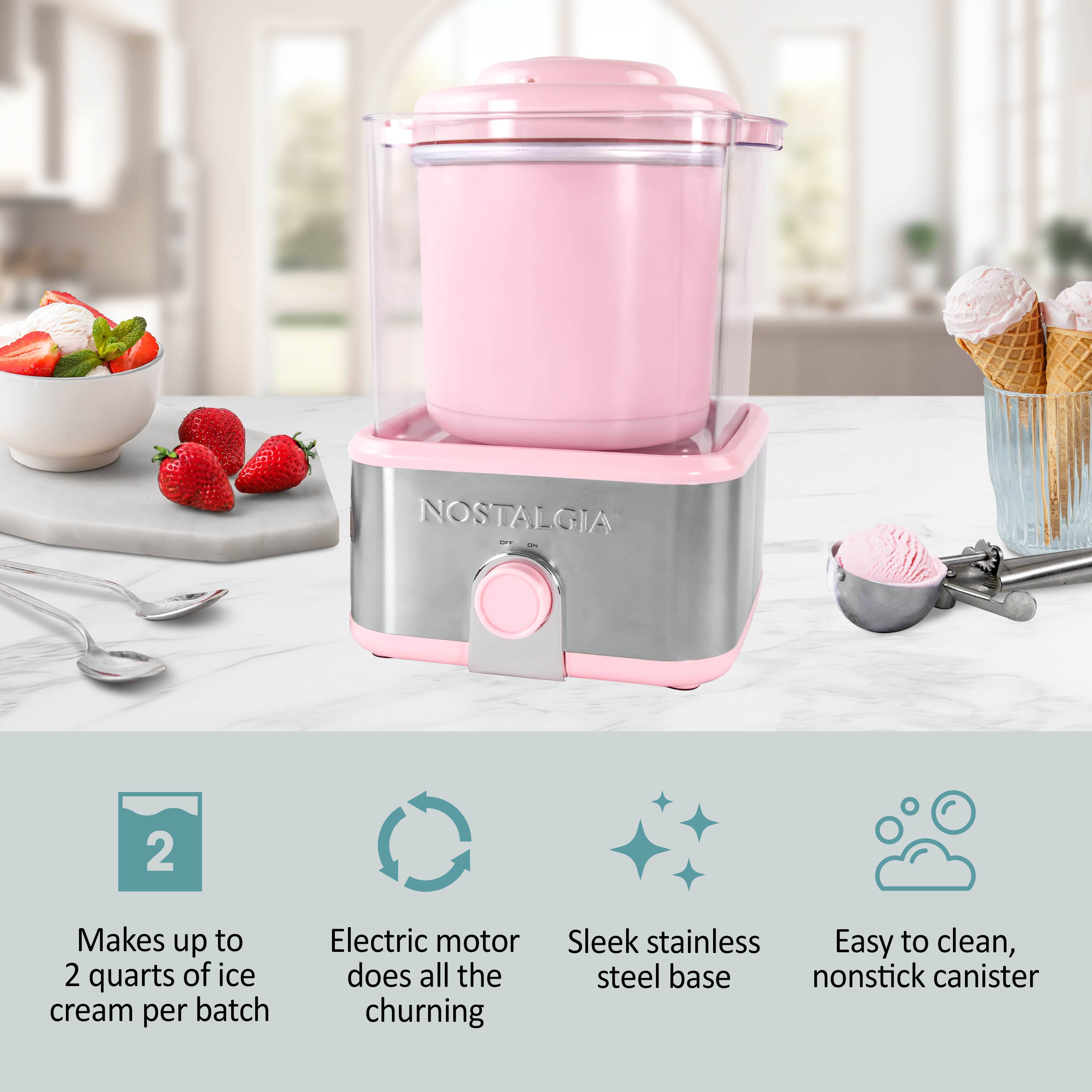 NOSTALGIA 2  
Makes up to 2 quarts of ice cream per batch  
Electric motor does all the churning  
Sleek stainless steel base  
Easy to clean, nonstick canister