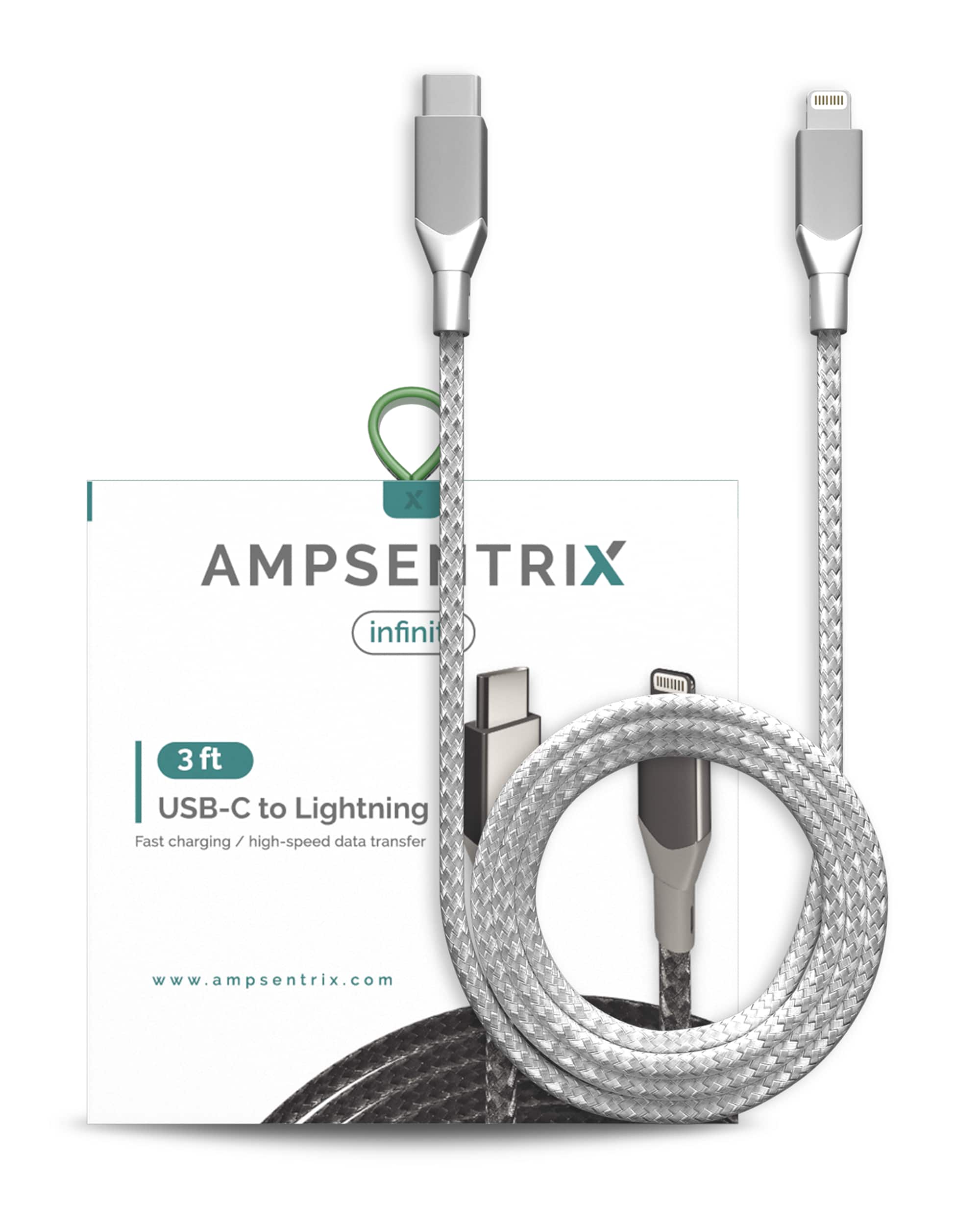 Ampsentrix - 3 ft Non-MFI Lightning To USB Type C Cable (Infinity) - Silver