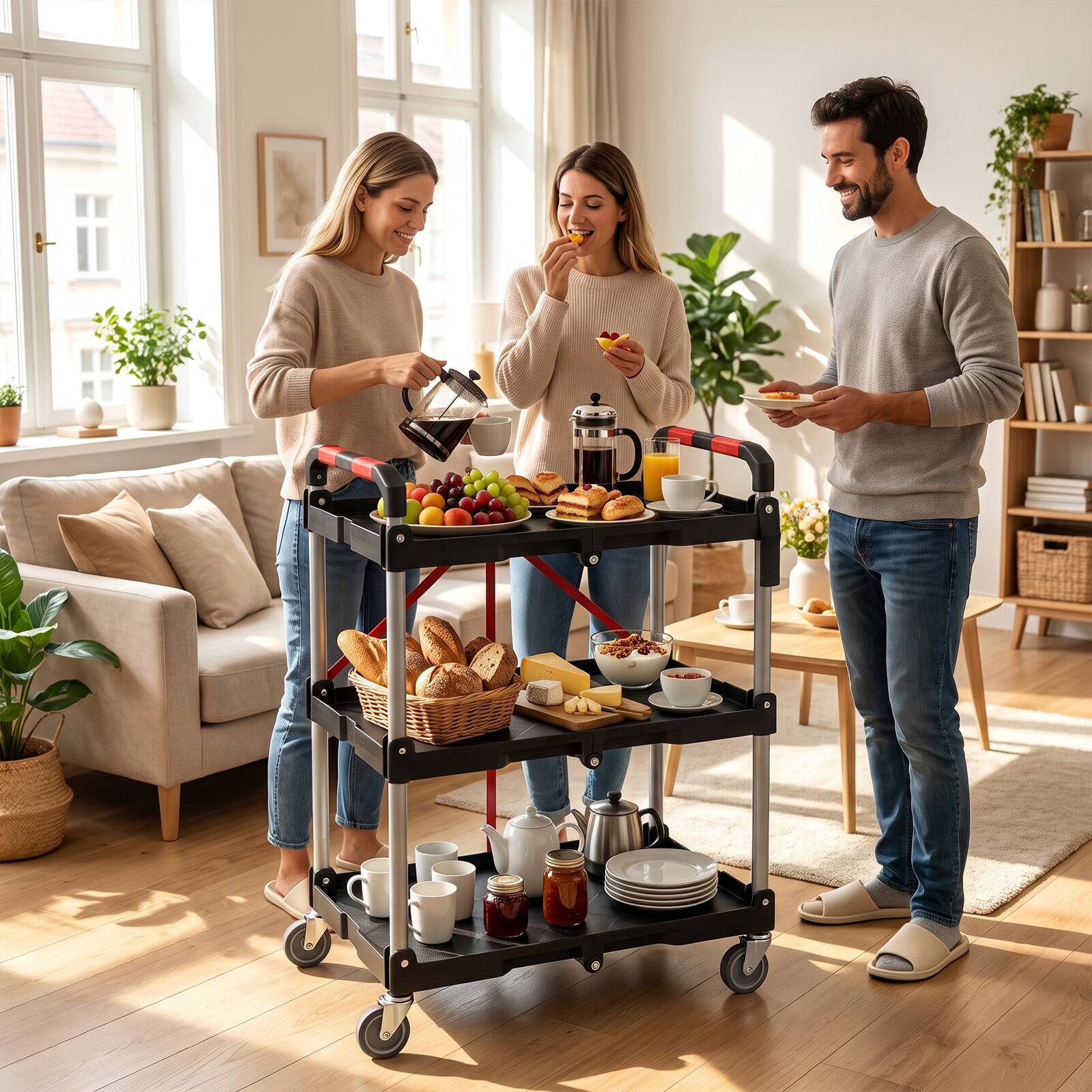 Alt View 3. Costway - Costway 3-Tier Folding Utility Cart with Swivel Wheels, Brakes, Portable Rolling Tool Cart - Black.
