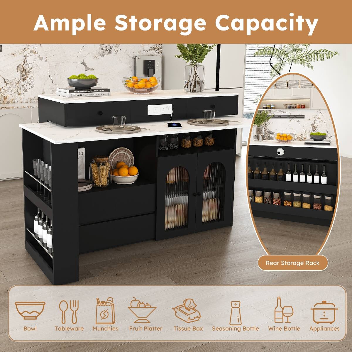 Ample Storage Capacity

AUSBAU ATLAS CHAMPS 100000000000

US

Rear Storage Rack

Bowl
Tableware
Munchies
Fruit Platter
Tissue Box
Seasoning Bottle
Wine Bottle
Appliances
