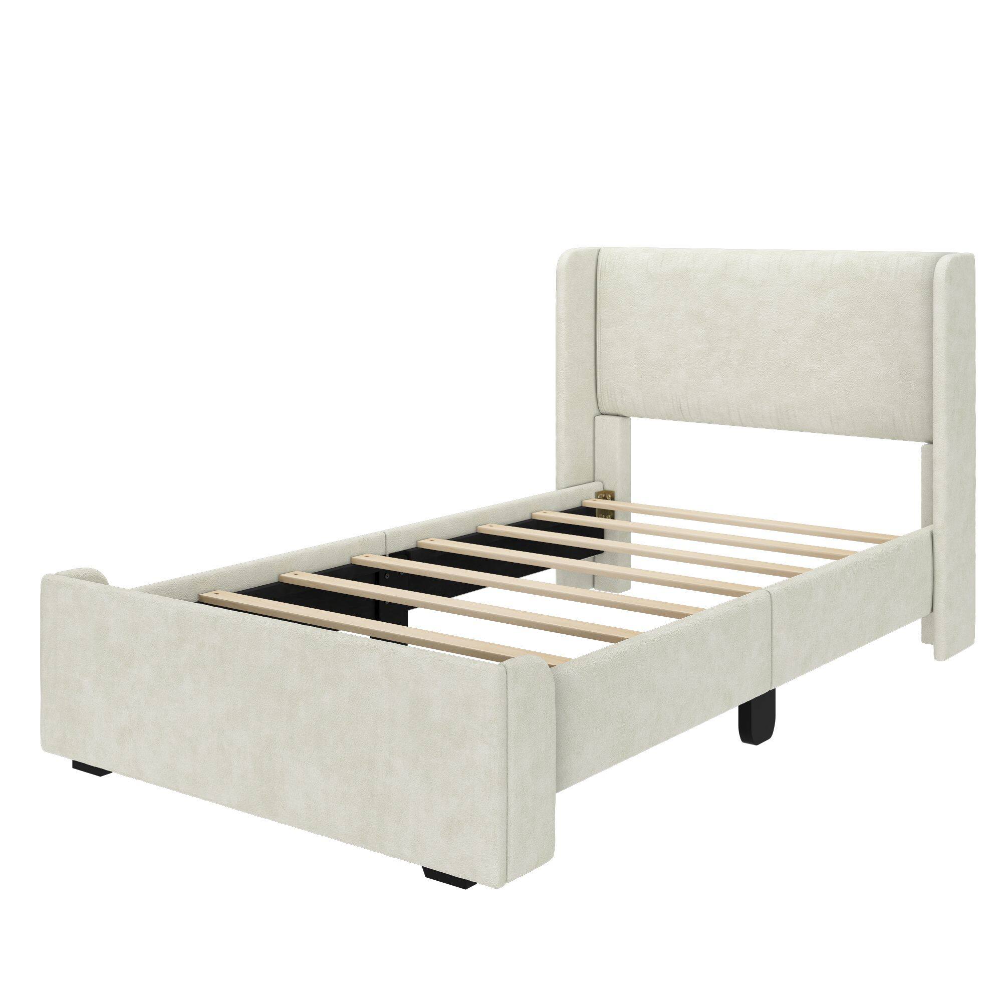 Alt View 2. Plank+Beam - Upholstered Bed with Rectangular Headboard (Twin), Cream - Cream.