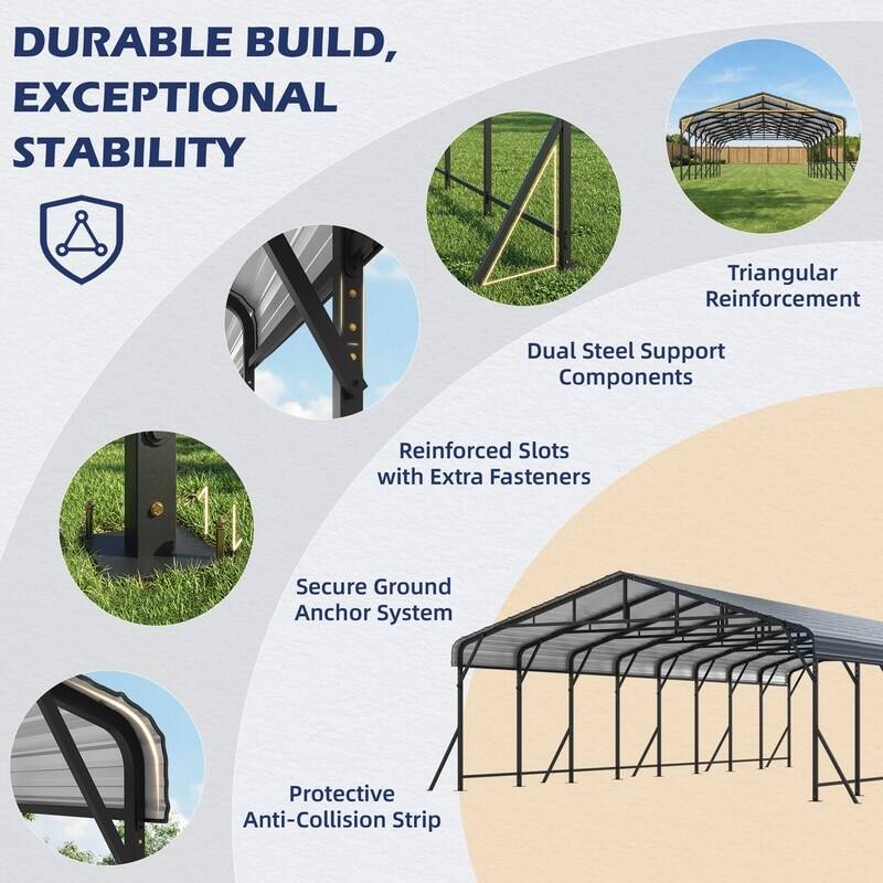 DURABLE BUILD, EXCEPTIONAL STABILITY

- Triangular Reinforcement
- Dual Steel Support Components
- Reinforced Slots with Extra Fasteners
- Secure Ground Anchor System
- Protective Anti-Collision Strip