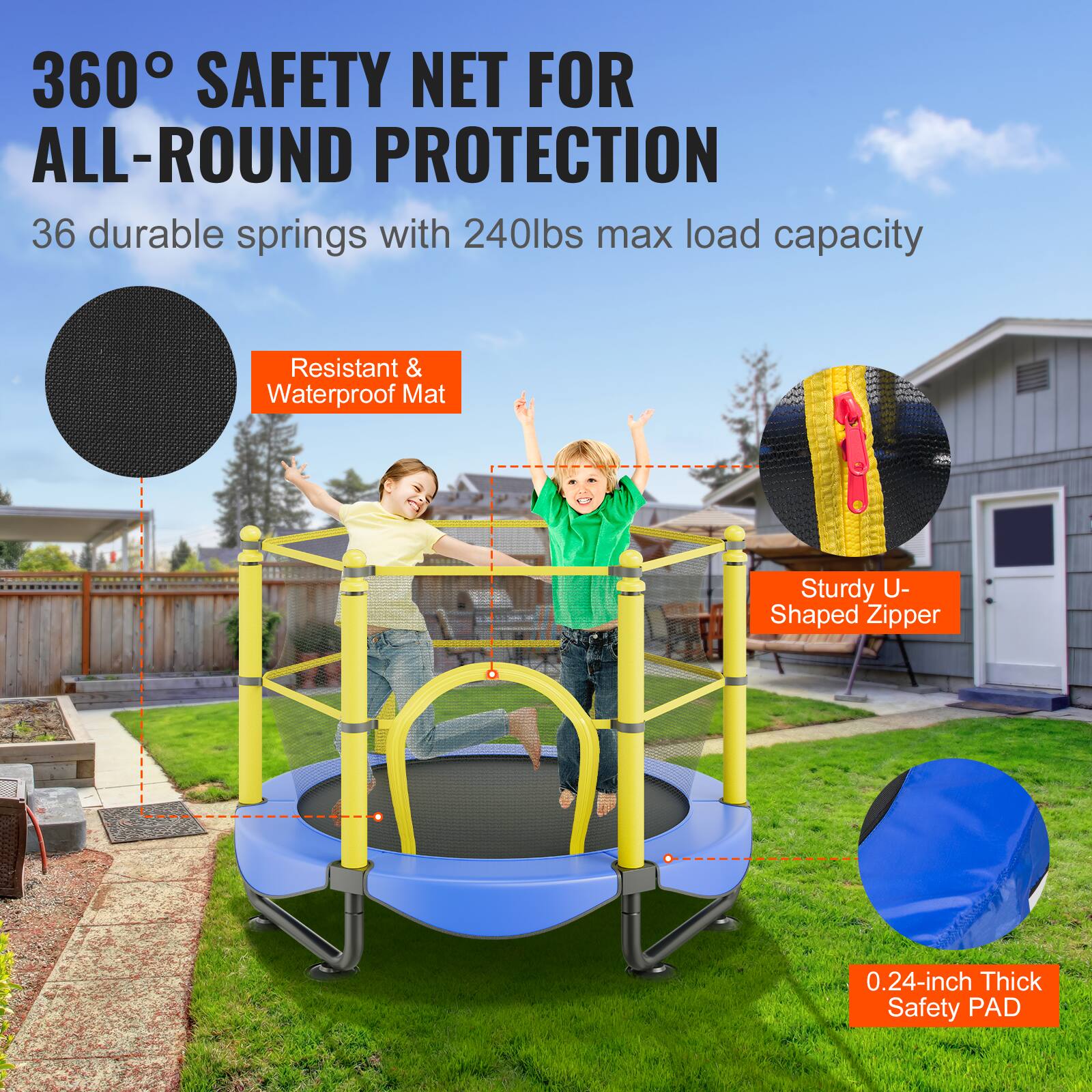 360° Safety Net for All-Round Protection

- 36 durable springs with 240lbs max load capacity
- Resistant & Waterproof Mat
- Sturdy U-Shaped Zipper
- 0.24-inch Thick Safety Pad